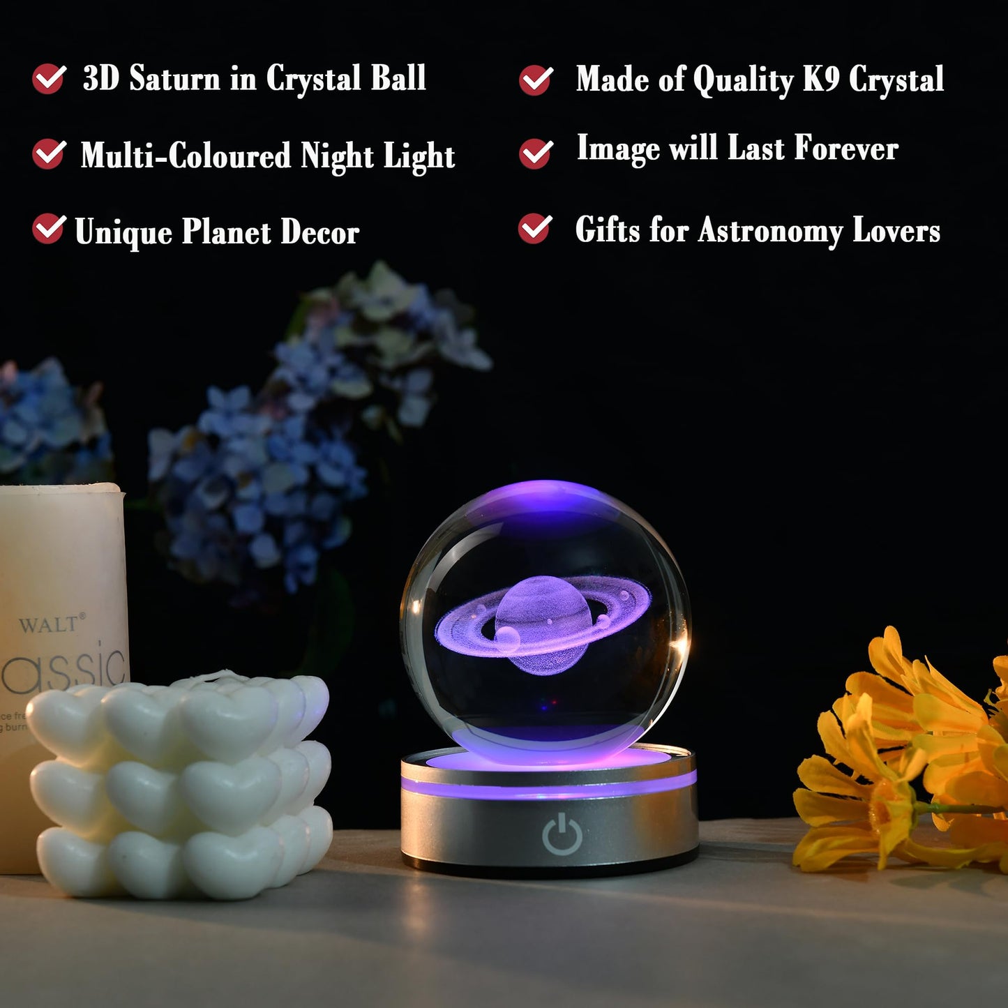 IFOLAINA 3D Saturn Crystal Ball Lamp Space Themed Gifts Engraved Glass Planet Sphere Decor Gifts Crystal Saturn Model Light Astronomy Gift for Kids Him Men Birthday