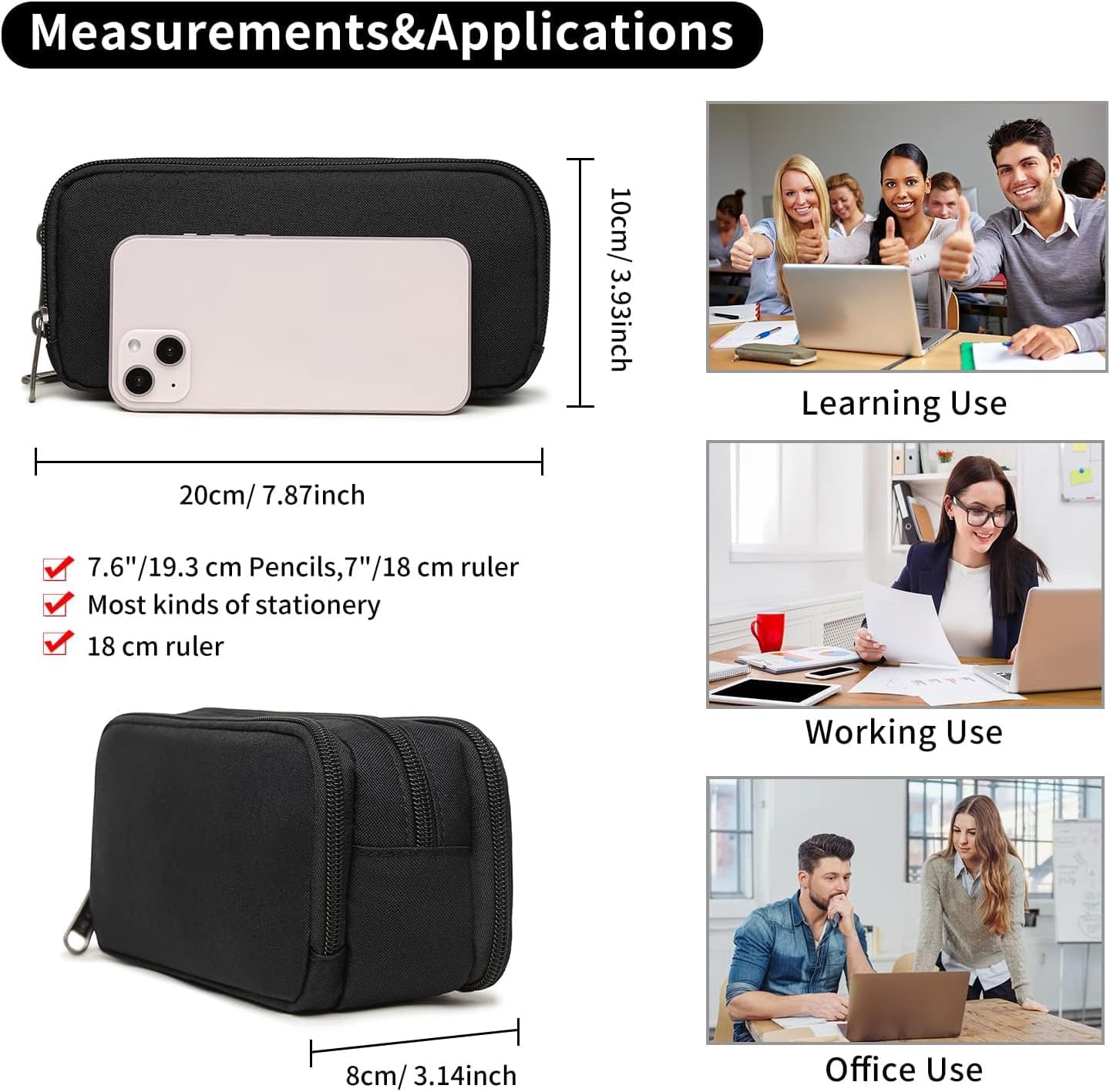Della Gao Large Capacity Pencil Case, Aesthetic Pencil Pouch with 3 Compartments Nylon Storage Pen Bag Office Stationery Organizer for Women and Men(01-3BK)