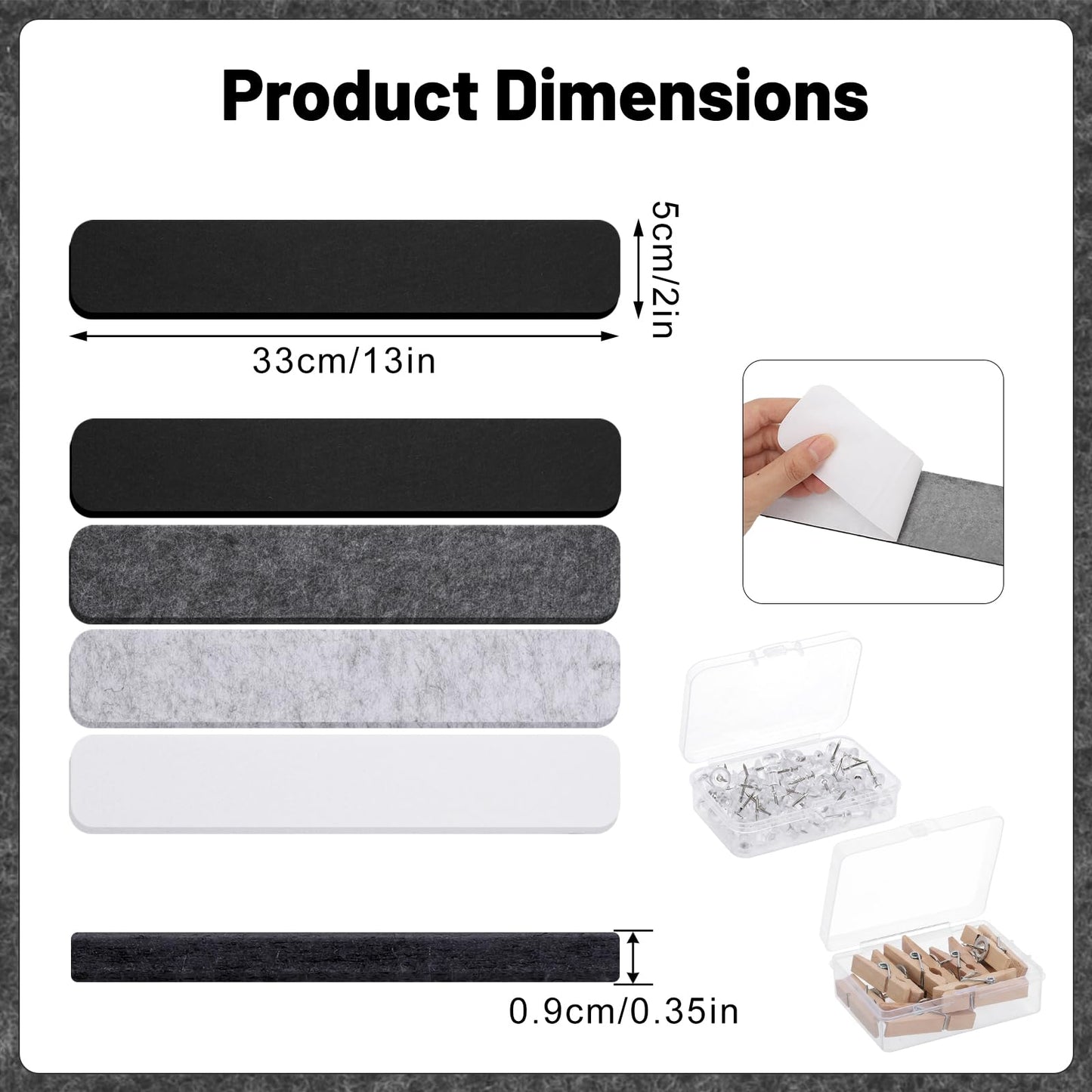 Thboxes 8 Pack Felt Bulletin Board Strips, 13x2 Inch Self Adhesive Felt Pin Boards with 50 Pushpins and 10 Wooden Clips Push Pins, Cork Board for Walls Home Office Decor(Black White Gray)