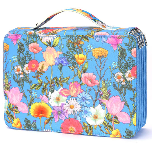 Vomgomfom 200 Slots Pencil Bag, 4-Layer Zipper Portable Art Supply Organizer, PU Leather Large Capacity Colored Pencil Case with Handle for 200 Watercolor Pens, Gel Pens (Blue Flower)