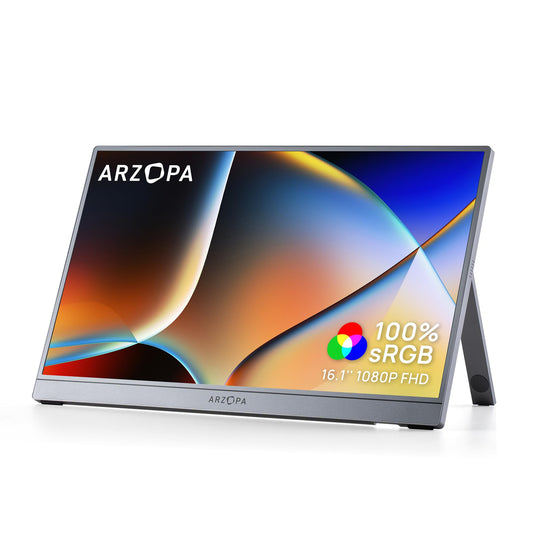 ARZOPA 16.1" Portable Monitor Gray, 100% sRGB FHD 1080P Kickstand Portable Laptop Monitor High Color Gamut Display IPS Eye Care Screen for High-end Office & Entertainment -Z1C Gray