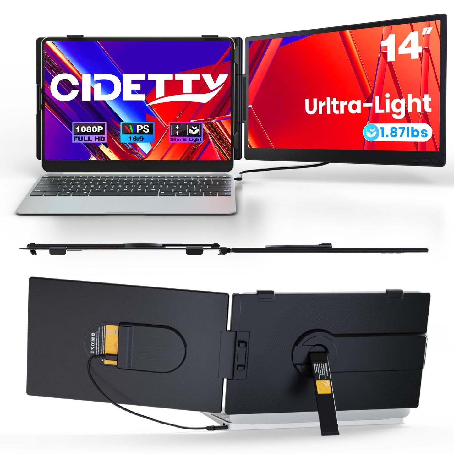 CIDETTY Laptop Screen Extender 0.27" Ultra-Thin, 14" Dual Portable Monitor FHD 1080P IPS, USB-C/HDMI Plug & Play Travel Screen for 13-17" Laptops, Compatible with Wins/Mac/Chrome/Switch/Android