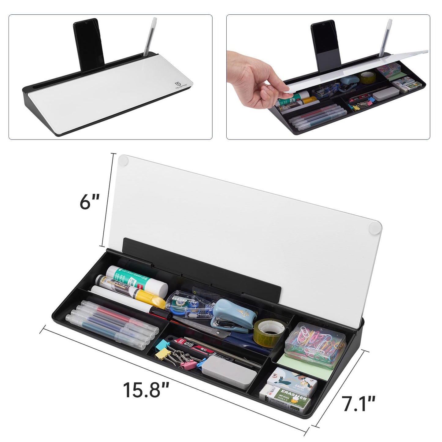 TSJ OFFICE Desktop Whiteboard Dry-Erase-Board - Computer Keyboard Stand White Board Surface Pad with Drawer, Desk Organizers with Accessories for Office, Home, School Supplies - Black