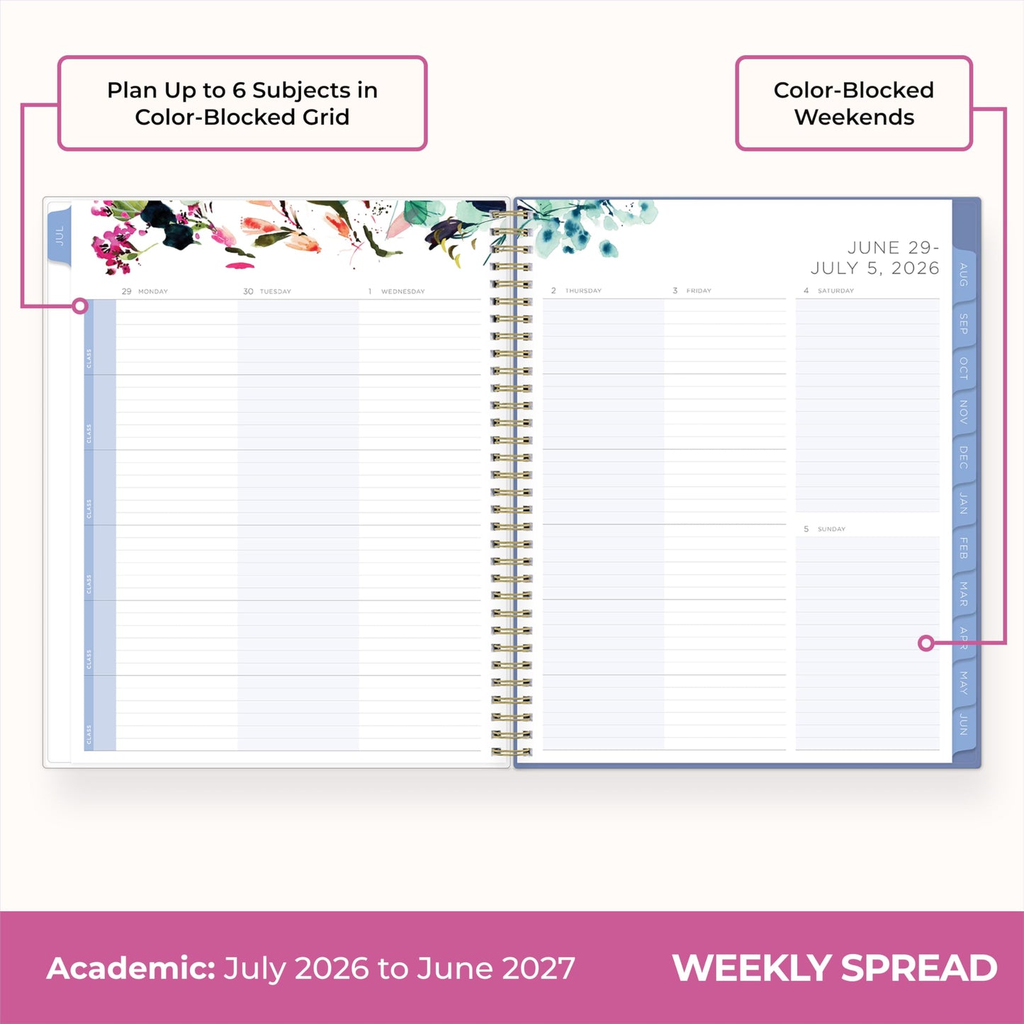 Blue Sky Kelly Ventura 2026-2027 Weekly and Monthly Academic Year Student Planning Calendar, July 2026 - June 2027, 8.5" x 11", Flexible Cover, Wirebound, Laminated Tabs, Storage Pocket, Magnetic & Snap In Book Marks, Includes Stickers, Blooming