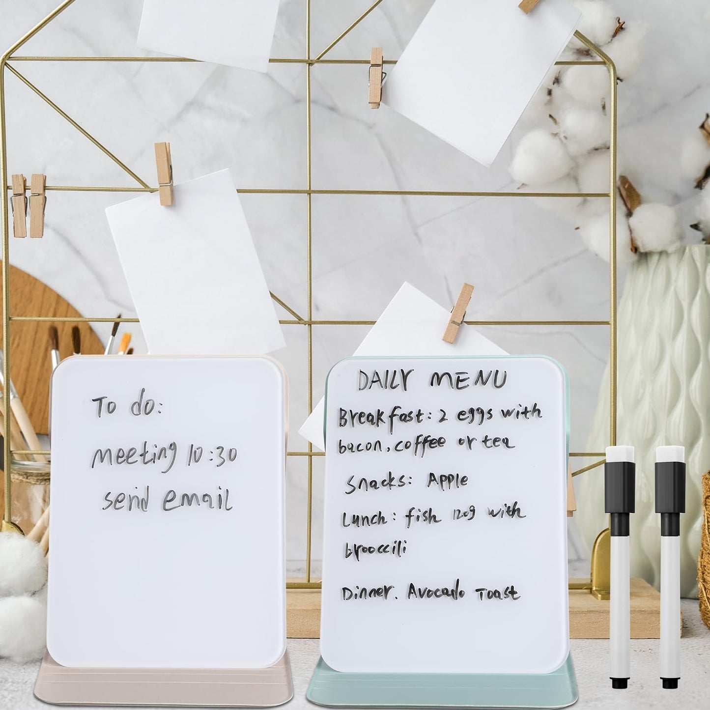 Dunzoom 2 Sets 4 Pcs Small Glass Desktop Whiteboard with Reversable Stand 8x6 Inch Mini Dry Erase White Board Easel with 2 Markers Reusable Desk Notepad for Home Office School Supplies (White,Green)