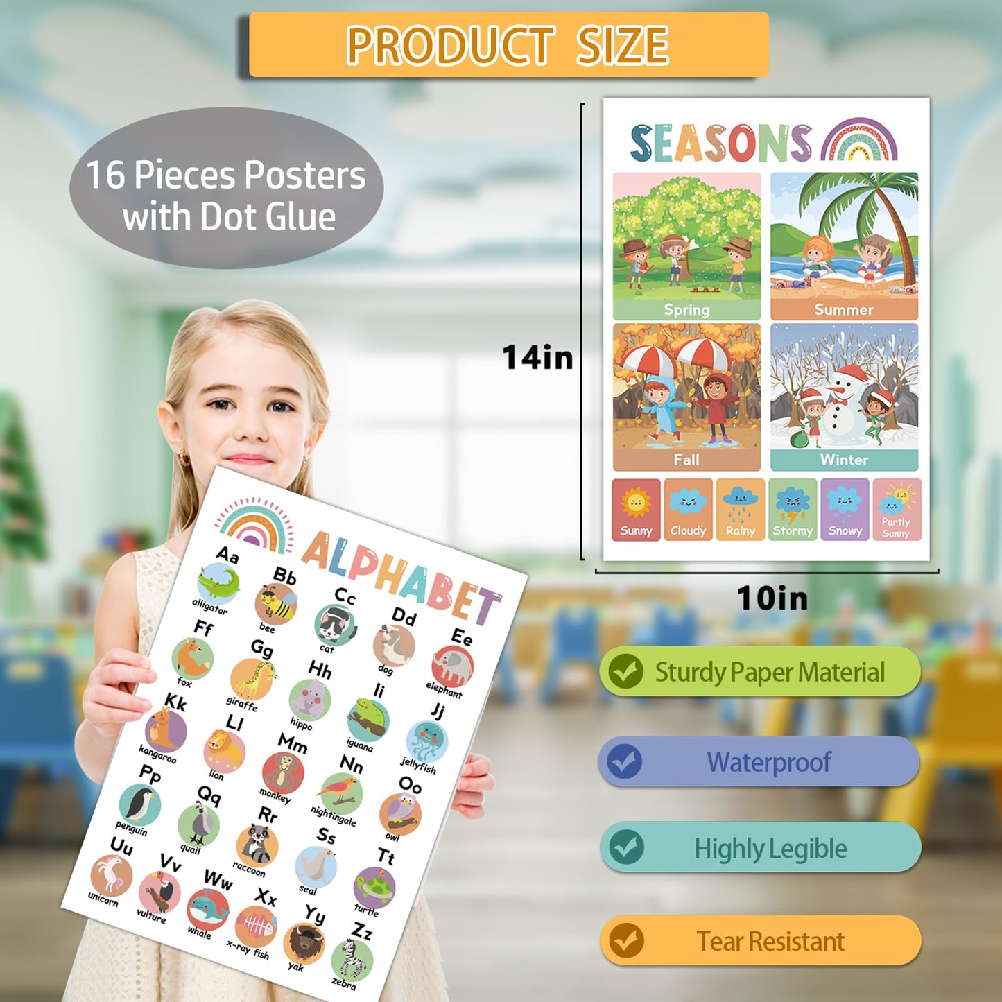 16Pcs Educational Posters for Toddlers 1-3, Learning Posters for Toddlers 1-3, ABC Poster for Kids Ages 3-5, Preschool Posters 1 2 3 Year Old, Kindergarten Homeschool Classroom Must Haves Wall Decor