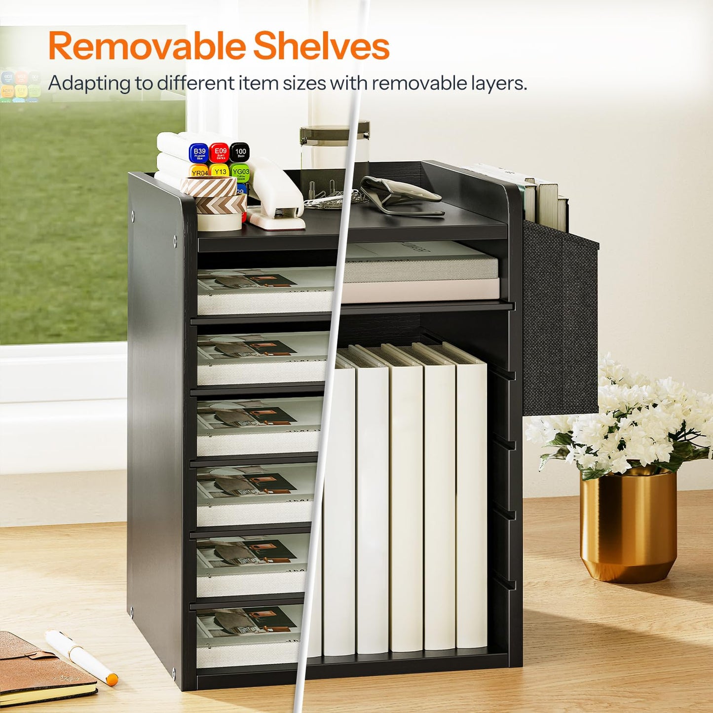 HOOBRO Adjustable Countertop Mail Sorter, 6 Tier Wooden Paper Organizer, Vertical Literature Organizer with Side Storage, Office Mailbox Cubbies, Classroom Mailbox, for Home, Office, Black BB34WF01