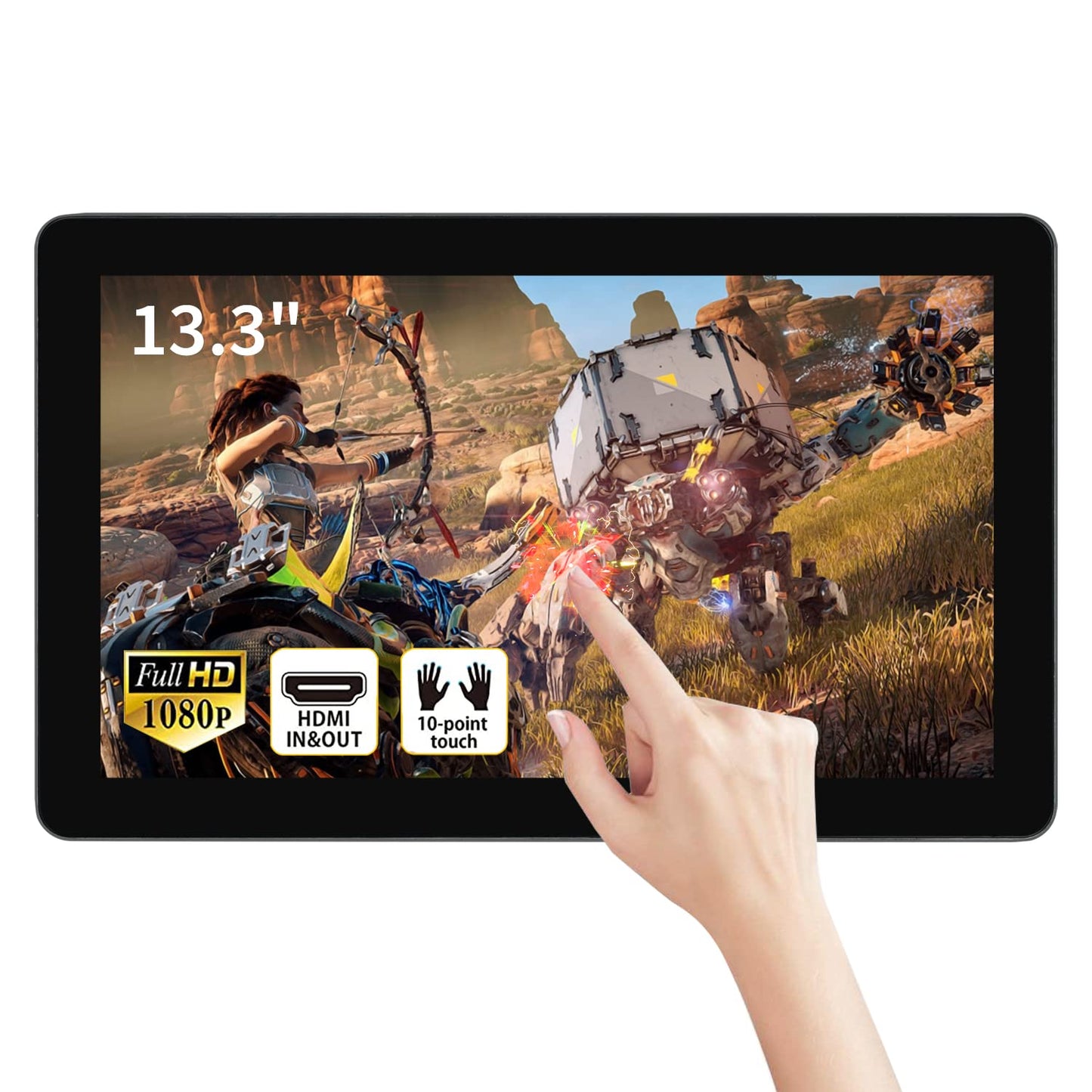 TouchWo 13.3 inch Capacitive Multi-Touch Screen Industrial Monitor, 16:9 Display 1920 x 1080P, Built-in Speakers, VGA & HD-MI Monitor for PC, POS, Small Business, Restaurant