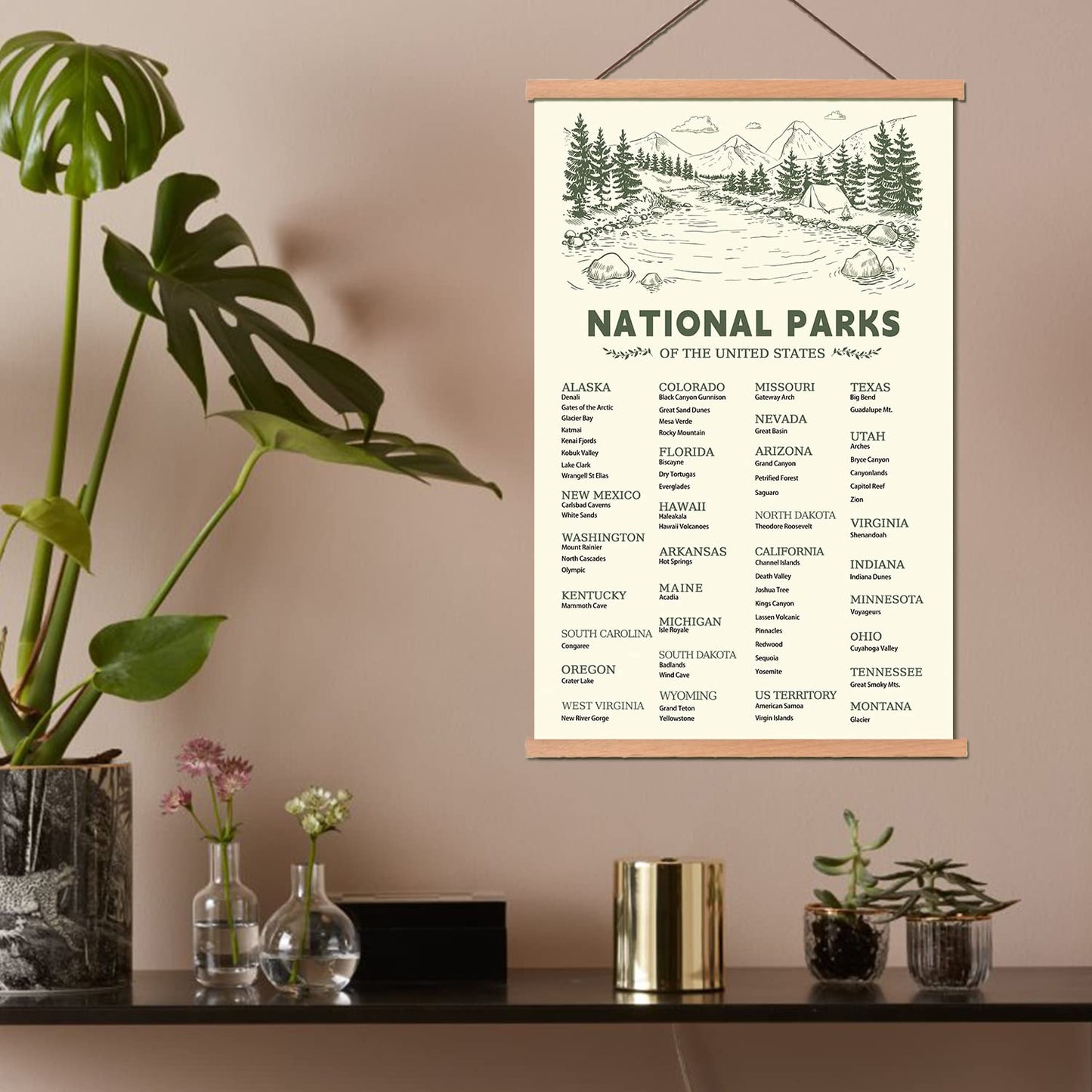 KAIRNE US National Park Checklist Poster,Park Posters for Travel Sign With Wooden Hanging Framed(28CMx46CM),Inspirational Rustic Decor,National Park Map Posters Gift for Hiker or National Park Lover