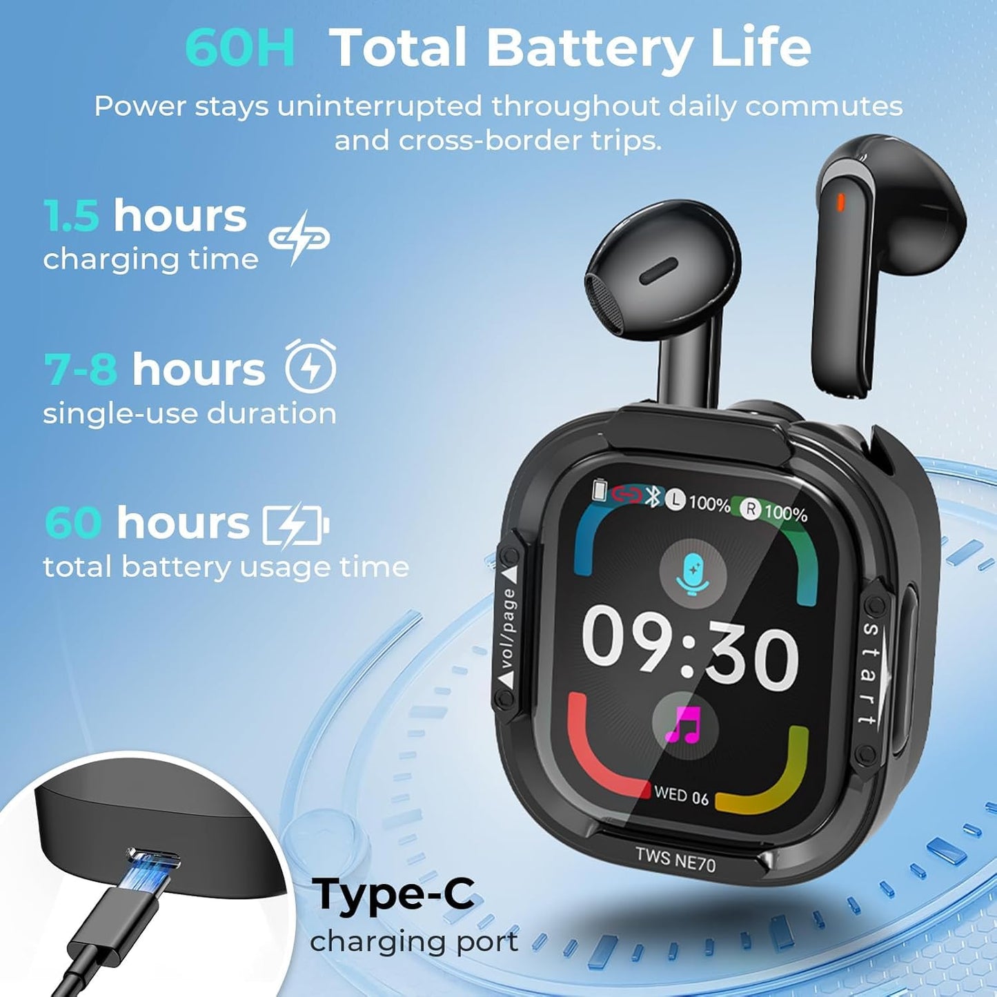 NE70 Earbuds, 2026 New NE70 AI Translation Earbuds in Real Time, Language Translator Headphones with LCD Touch Screen Audifonos Traductores Inglés Español Support 165 Languages for Travel Business