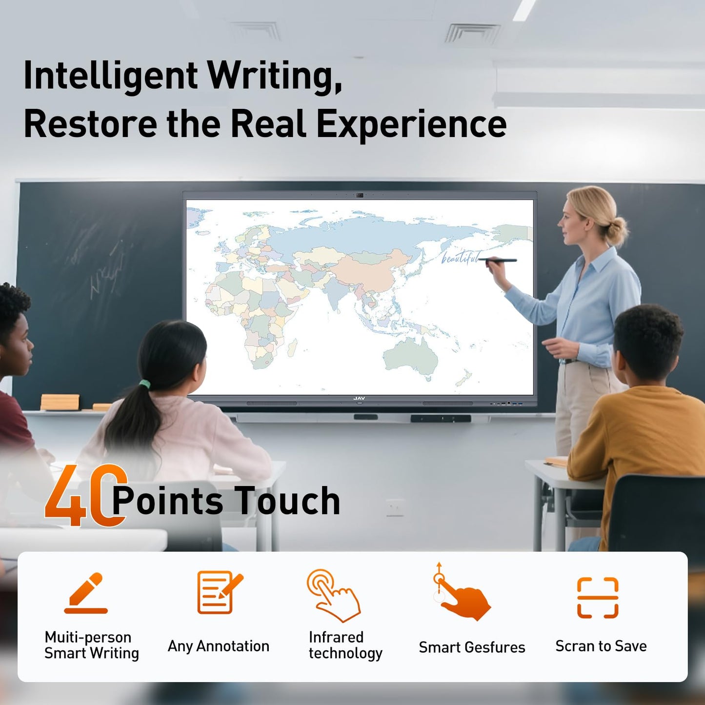 JAV Smart Board Interactive Whiteboard for Classroom Office Home, 4K UHD 8+128GB Touchscreen Smartboard with Built-in EDLA Licensed Android OS & Open App Ecosystem, Wi-Fi & Bluetooth