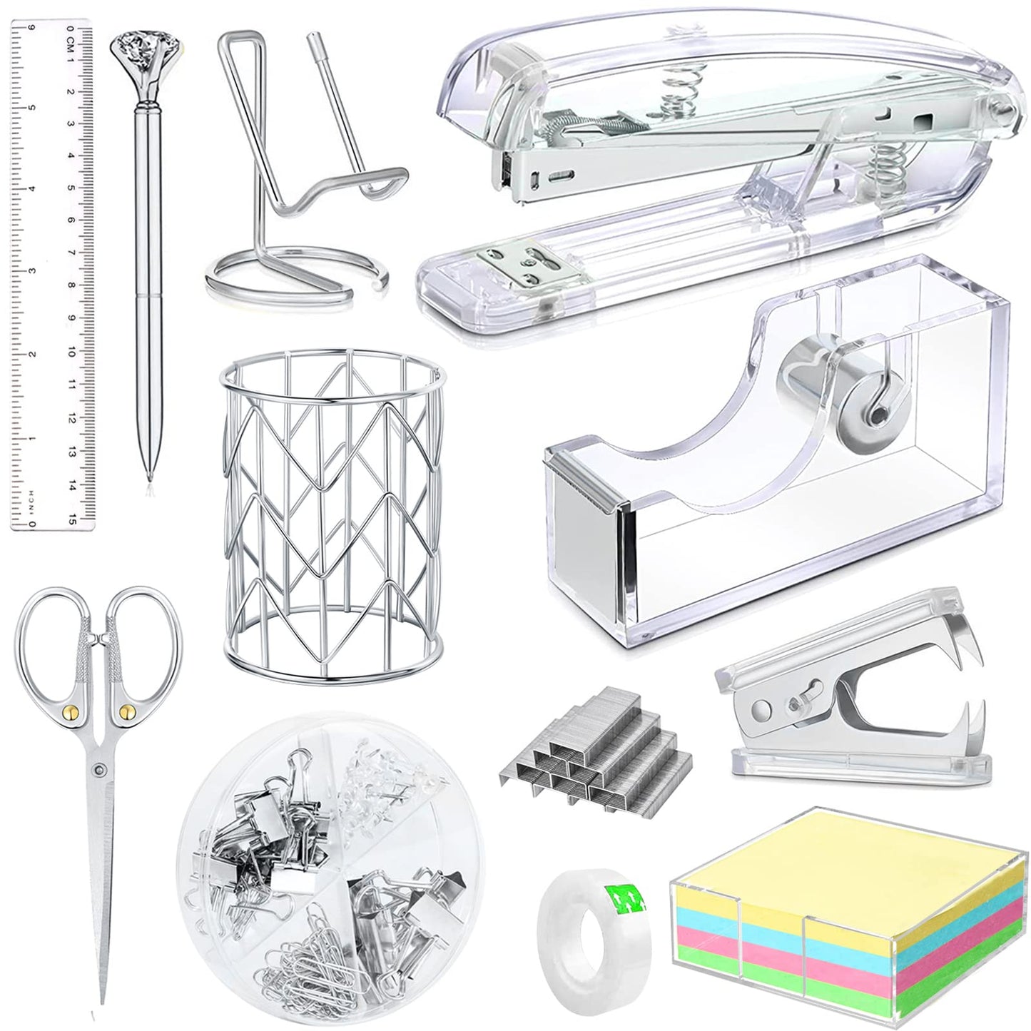 Office Desk Accessories, Acrylic Stapler, Staple Remover, Tape Holder, Pen Holder, Ballpoint Pen, Scissor, Binder Clips, 1000pcs Staples, Phone Holder, Ruler, Transparent Glue and 300 Notes