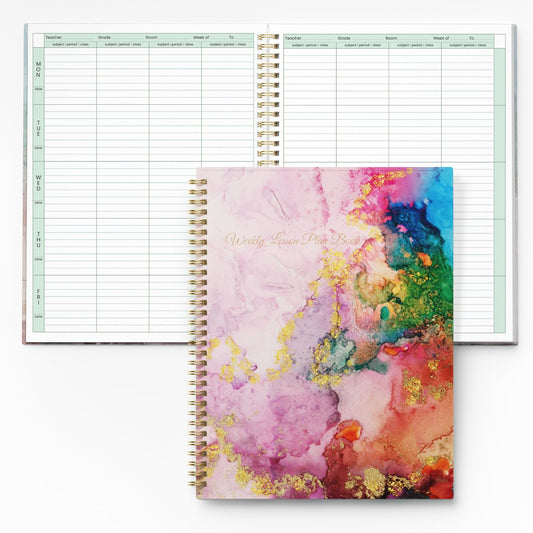 SUNEE 8 Period Teacher Lesson Plan Book - Days Vertically, Undated Teacher Planner 2026-2027 Academic Year, 8.5 x 11 Inch, 104 Pages/52 Sheets (40 Weeks), Waterproof PVC Cover, Back Pocket,Pink Marble