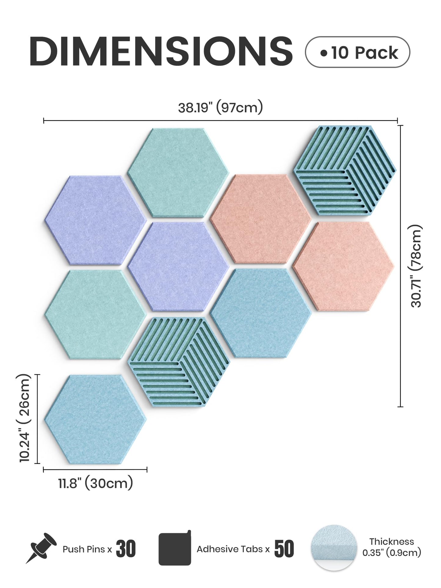 Fluxynara Hexagon Cork Board Alternative for Walls Decor-10-Pack Felt Bulletin Board Tiles,with 30 Pushpins,50 Adhesive Tabs for Office,Classrooms & Home Pin Board Felt Board-Coastal Haze