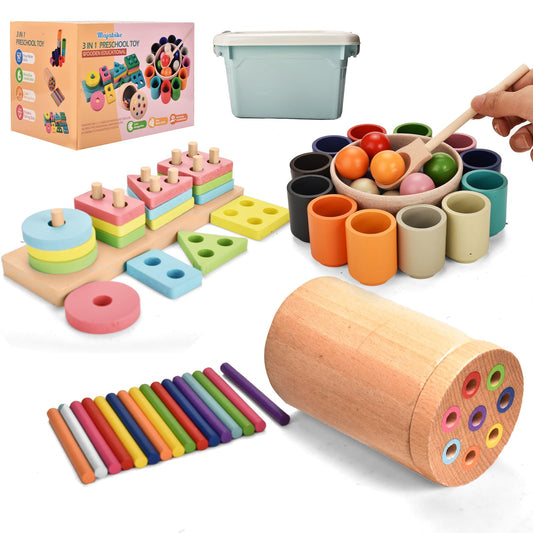 Majabike Montessori Toys 3 in 1 Wooden Learning Fine Motor Skills Toys Rainbow Color Sorting Toy for Toddlers - Preschool Color Matching, Educational Color Recognition ShapeSorter Boys Girls Gifts