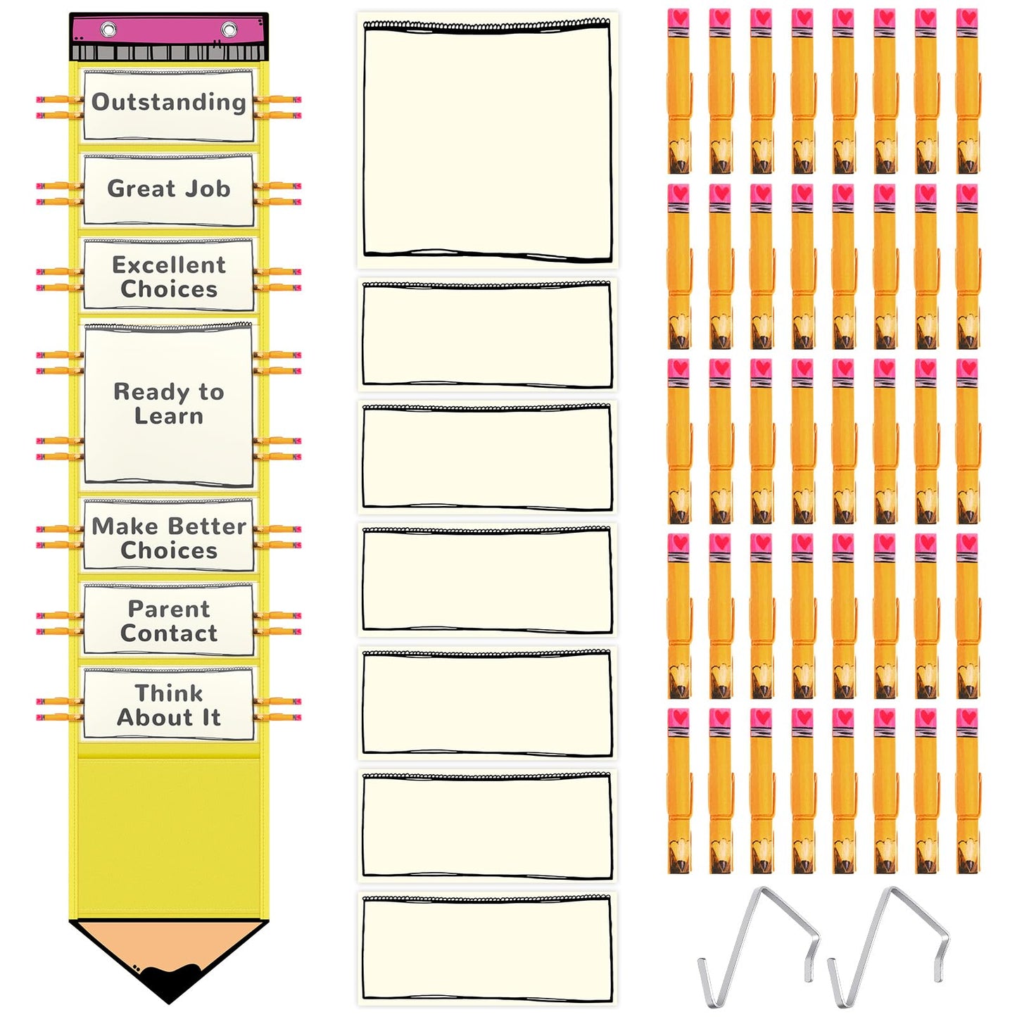 AmazingSpark 57 Pcs Classroom Behavior Chart for Student Management Kids Tracking Chart Hanging Creative Bulletin Board with 40 Clips for School Preschool Child Care(Pencil)
