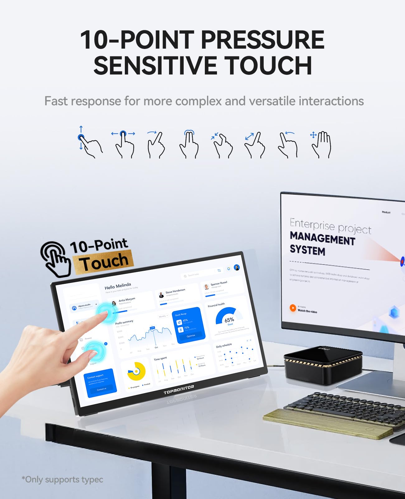 Topmonitor Portable Monitor Touchscreen 15.6" 1080P FHD IPS, 10-Point Touch Travel Gaming Display with Dual Speakers & Kickstand, USB-C HDMI External Screen for Laptop, MacBook, Phone, PS5, Switch