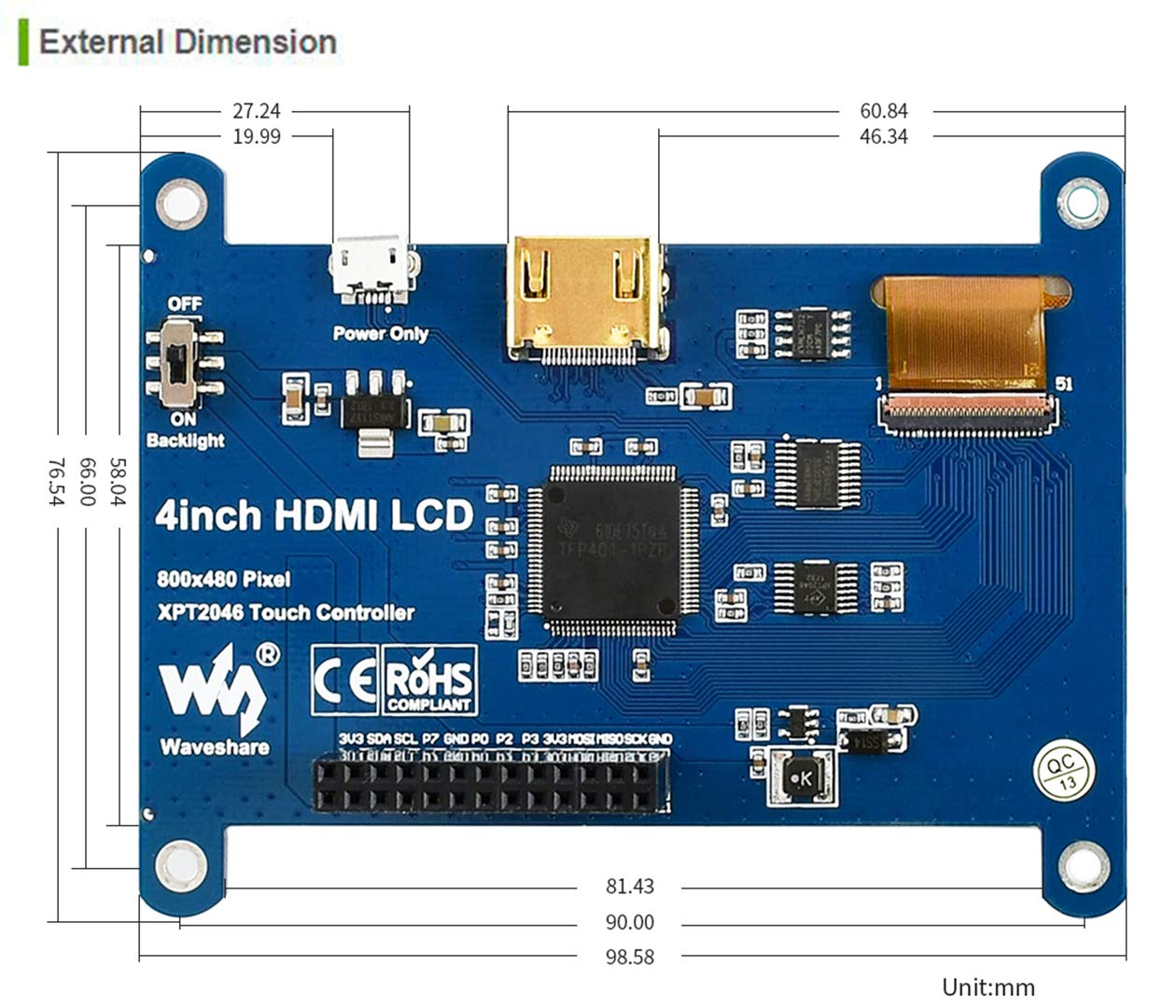 waveshare 4 inch HDMI LCD IPS Display 800x480 Resolution Resistive Touch Screen Interface for Raspberry Pi 4 B/3 B/3 B+/2 B/B+/B Zero W