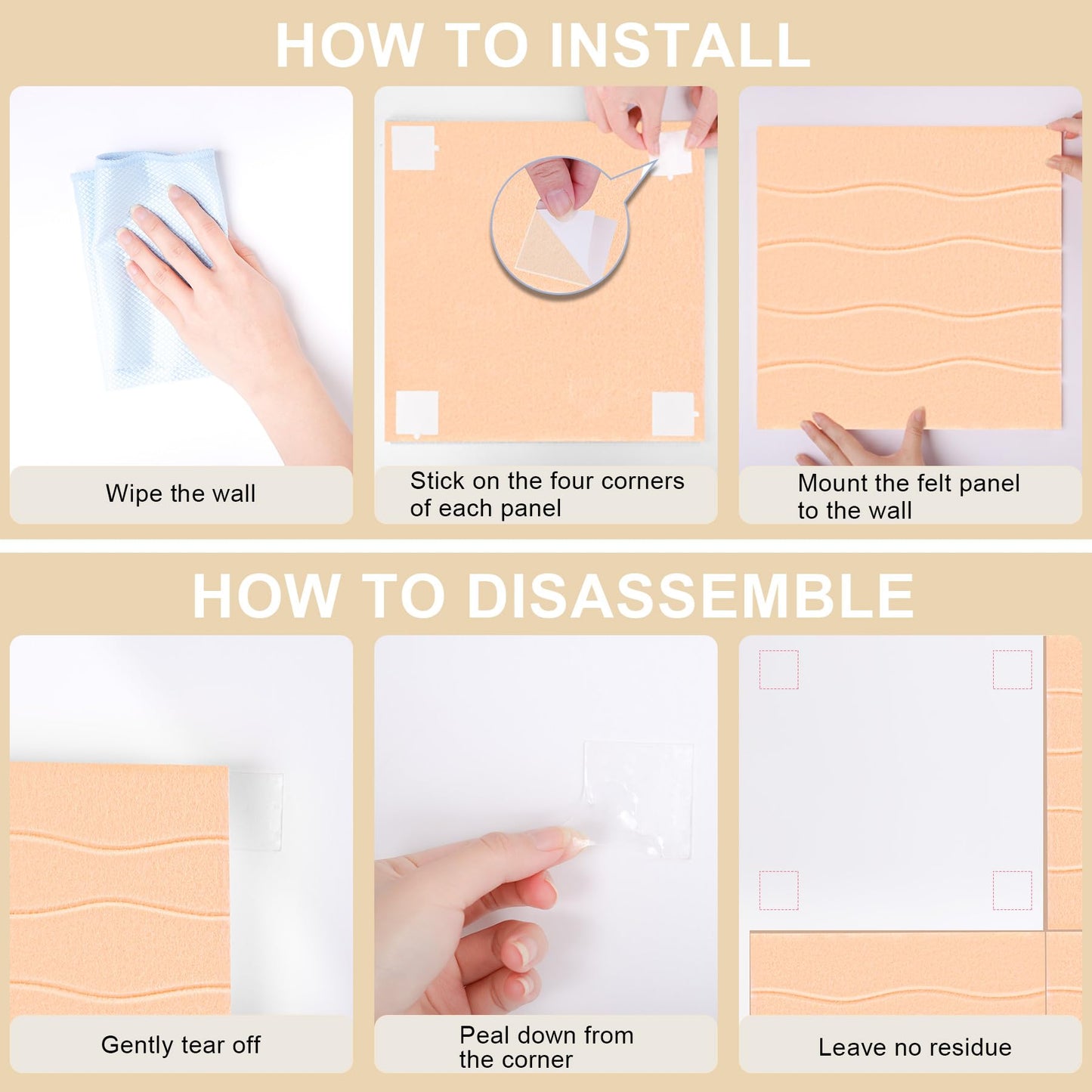 AKONEGE Felt Bulletin Board Tiles 12 Pack, 48" x 36" Cork Board Alternative, DIY Pin Board Wall Tiles for Photo Wall, Vision Board, Room & Home Office Decor, Stick-On with Adhesive Tabs, Peach Beige