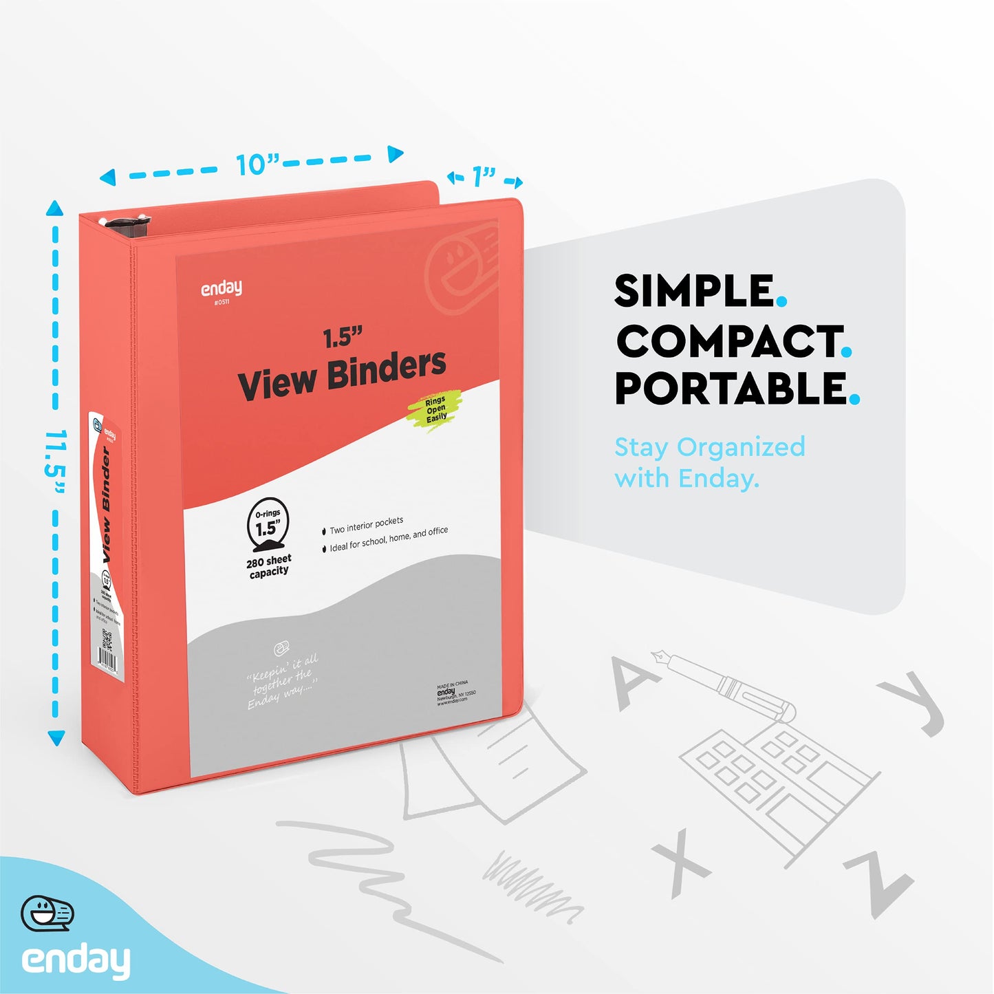 Enday 3 Ring Binder 1.5 Inch, Red Heavy Duty Three Ring Binder, 325 Sheets Capacity - 1.5 Inch Binder for Home School and Office