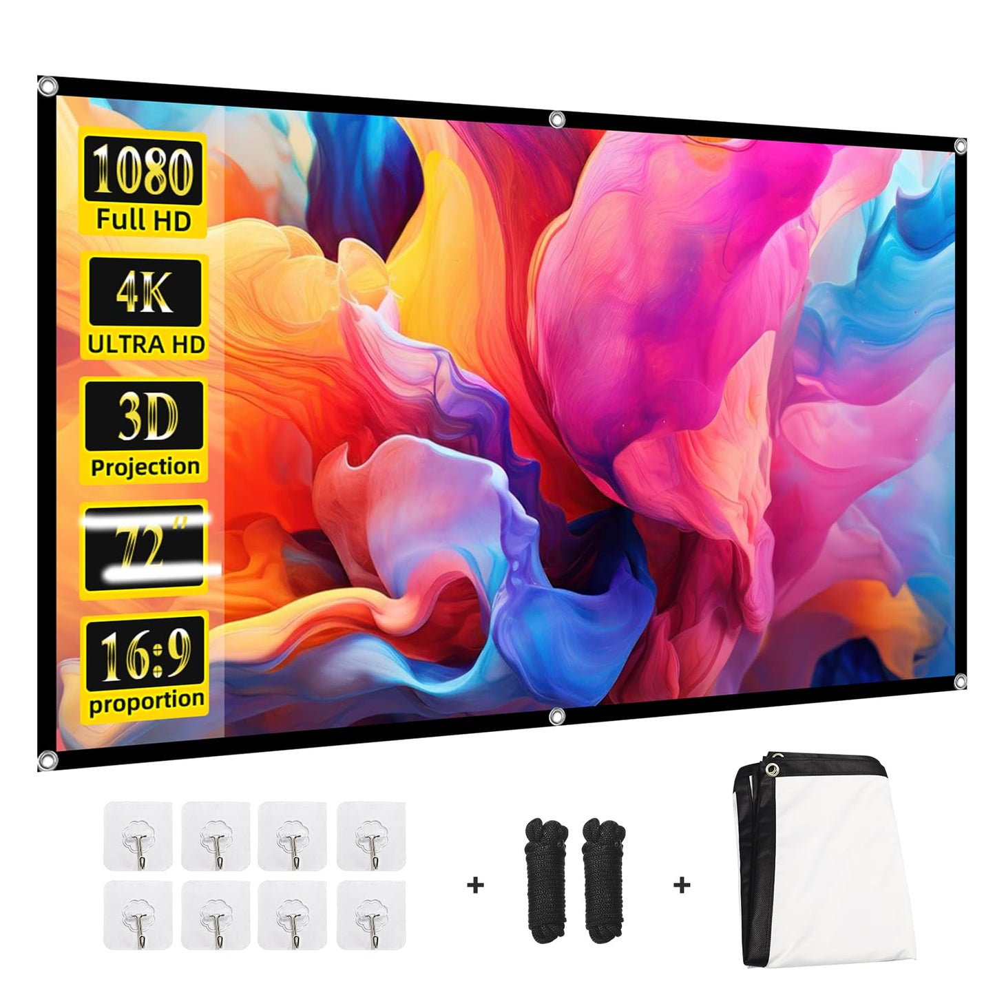 Projector Screen 72 inch，Portable Movie Projector Screen 16:9 HD Indoor Outdoor Double Sided Rear Projection Screen Video for Home, Party, Office, Classroom