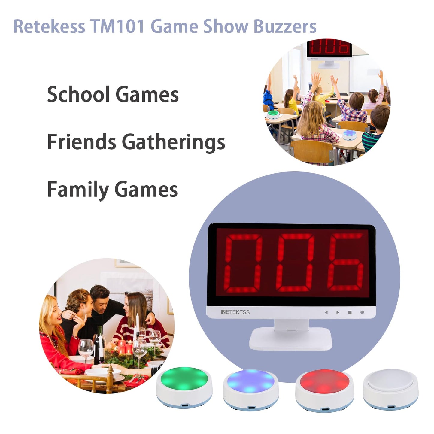 Retekess TM101 Wireless Buzzer System,Answer Buzzers with Lights & Sound,Add Up to 32 Buttons,262ft, Game Show Buzzers for Classroom,Family Feud Adult Trivia Game Night,Back to School