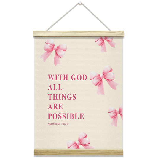 Pink Bow Coquette Poster Hanger Frame, With God All Things Are Possoble Bible Verse Christian Posters Canvas Wall Art for Women Girls Dorm Bedroom Decor, 12x16 Inches -031