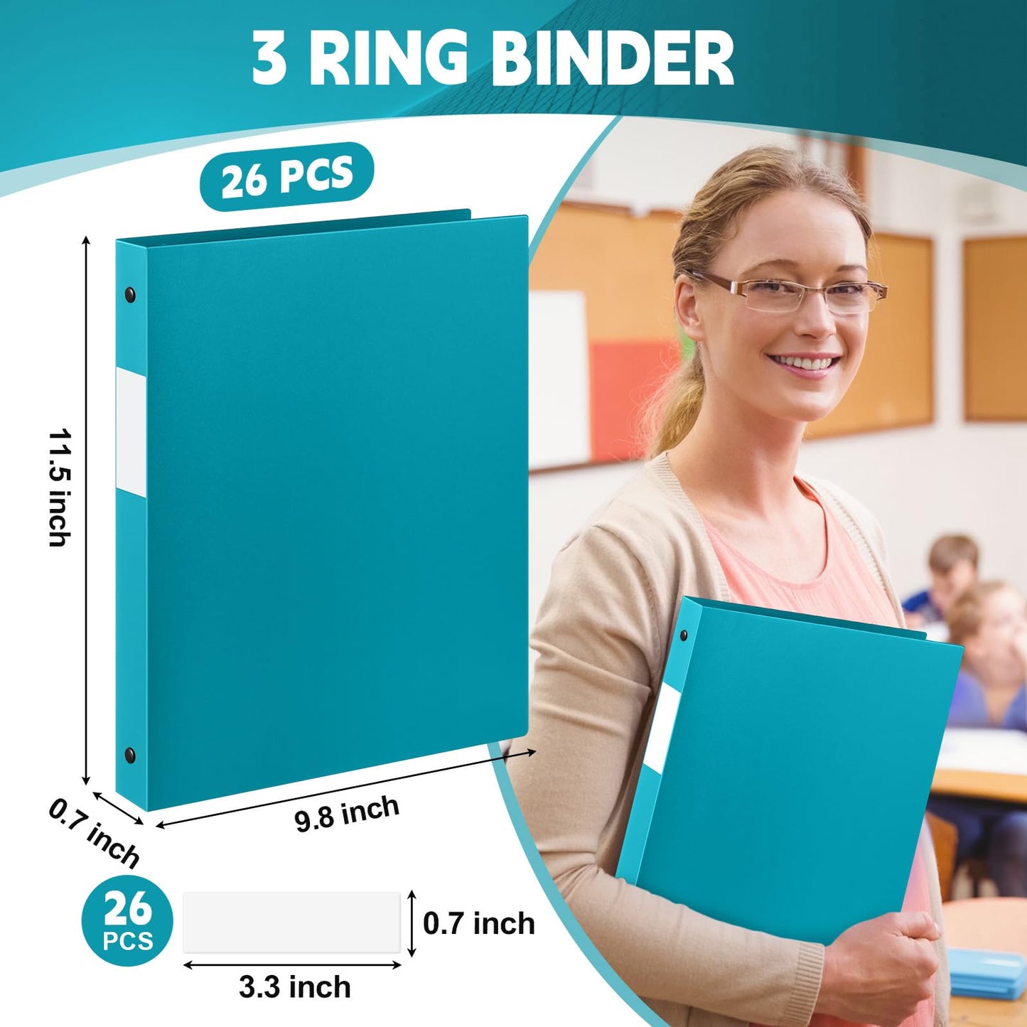Henoyso 26 Pack 0.5 Inch Plastic 3 Ring Binder Round Ring, Bulk 1/2 Inch Flexible Binders Hold 140 Sheets Letter Size with Pocket, Document Organizer for Back to School Classroom Office (Turquoise)