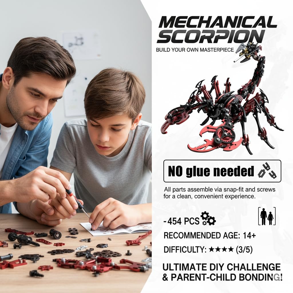 Scorpion 3D Metal Puzzles for Adults,454PCS Stainless Steel DIY Mechanical Metal Model Kits,No Glue Assembly with Movable Joints,Challenging Metal Building Kit Desk Decor Gift (Black-Red)
