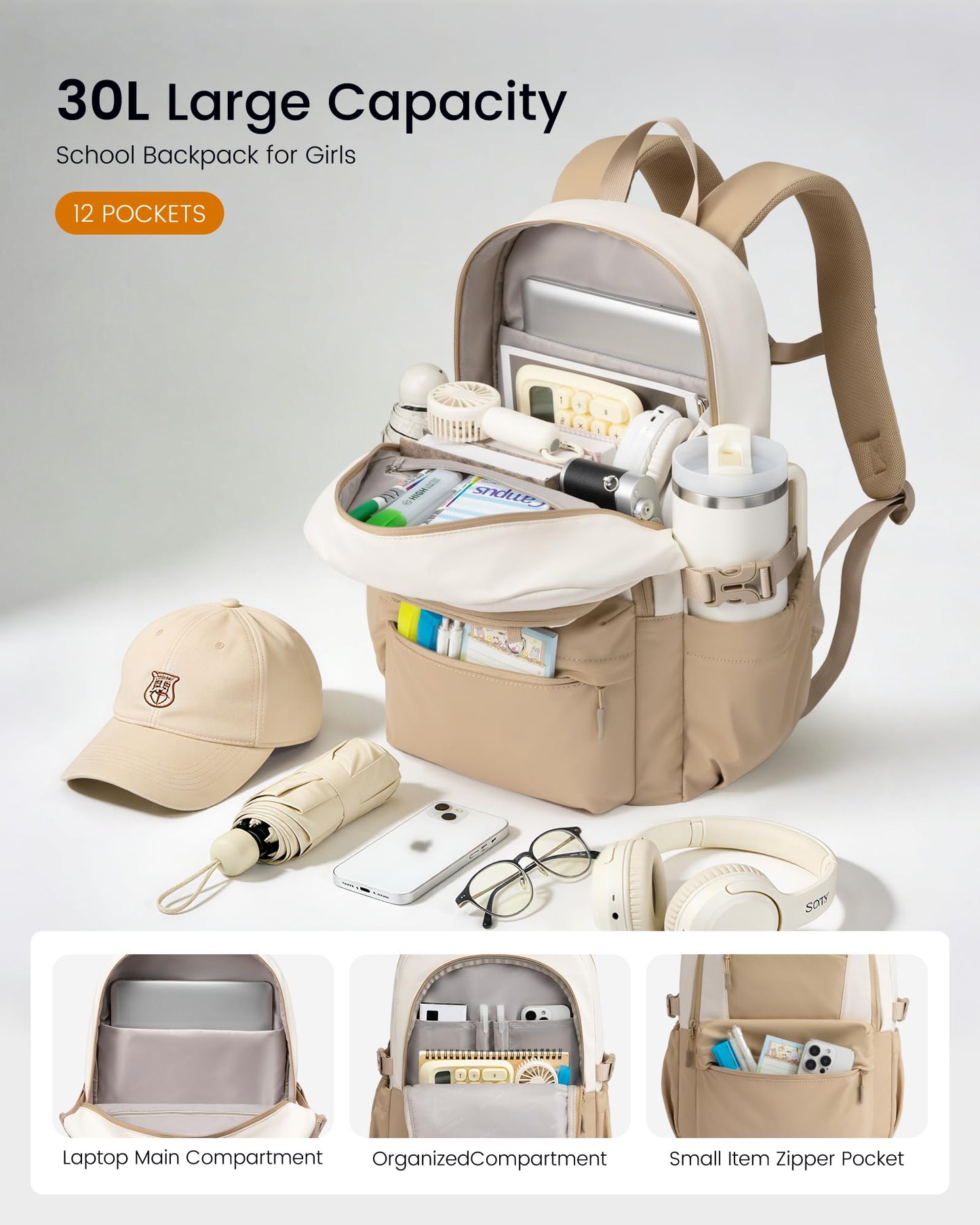 LOVEVOOK School Backpack for Teen Girls & Women, 35L Large Laptop Backpack with 40oz Water Bottle Pocket, Waterproof Cute College Bookbag, Student Backpack for Middle High School Travel Work Khaki
