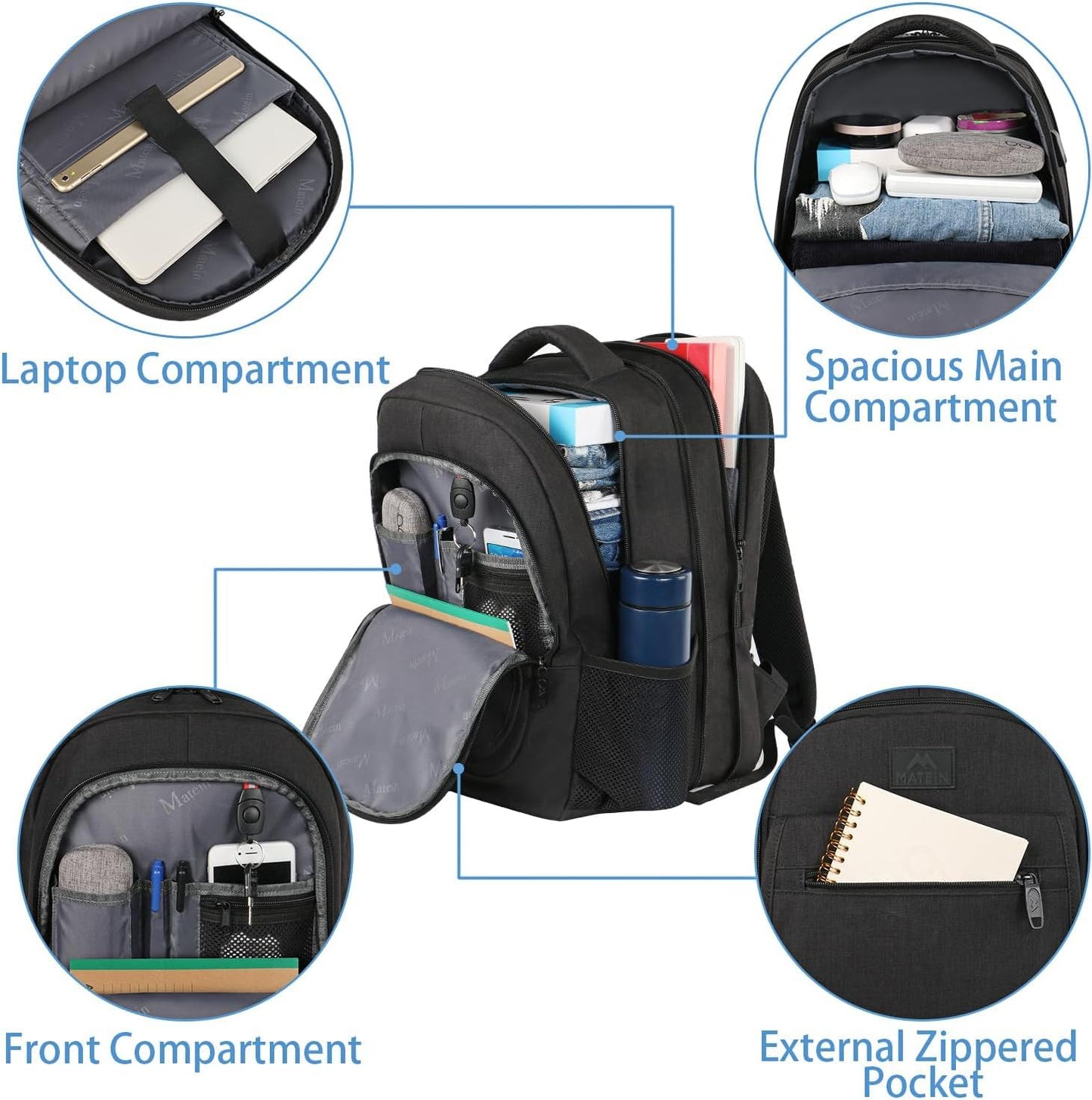 MATEIN Backpack for School, Expandable College Backpack for Boys Girl, Water Resistant Large Bookbag for Men Women, 15.6 inch Laptop Bag, Anti Theft Travel Daypack, Black