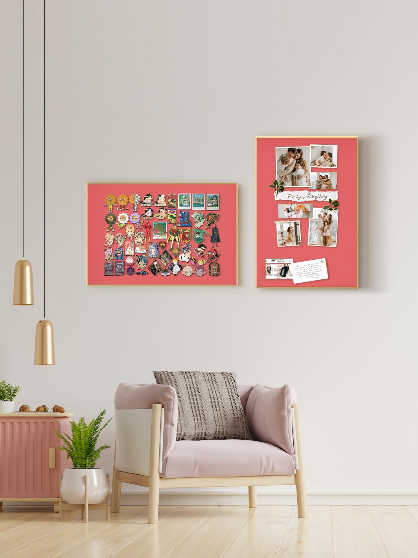 Lightomorrow Bulletin Board 23.6 x 17.7 inches, Coral Red Pin Board, Golden Aluminum Framed Fabric Cork Board with 10 Push Pins
