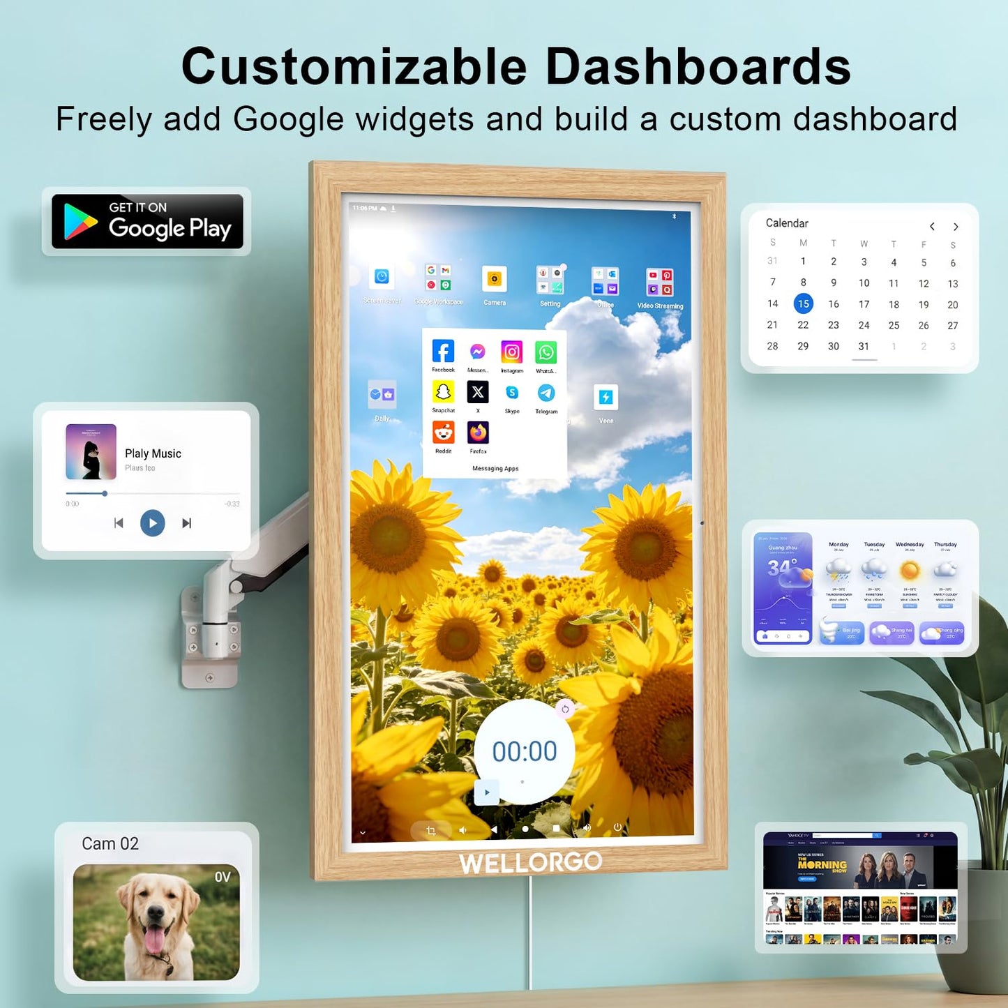WELLORGO Smart Digital Calendar, 32” Electronic Planner with FHD Touch Screen & Remote Control, Electric Family Organizer with Chore Chart Google Play Customizable App, Wall Display Tablet with Camera