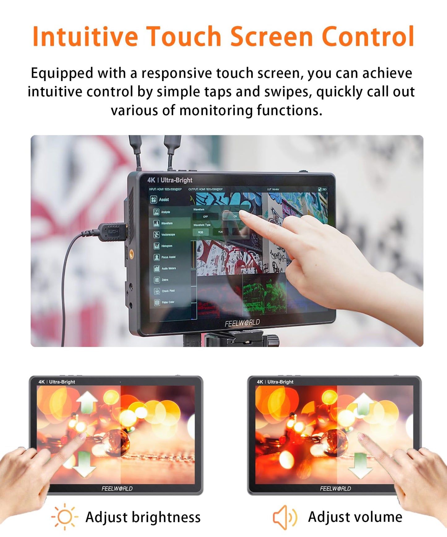 FEELWORLD LUT11S 10.1 Inch Camera Monitor, 2000nit IPS Touch Screen 1920x1200, 4K 60Hz HDMI Camera Field Monitor SDI, Video Assist HDR Waveform Focus Peaking 3D LUT