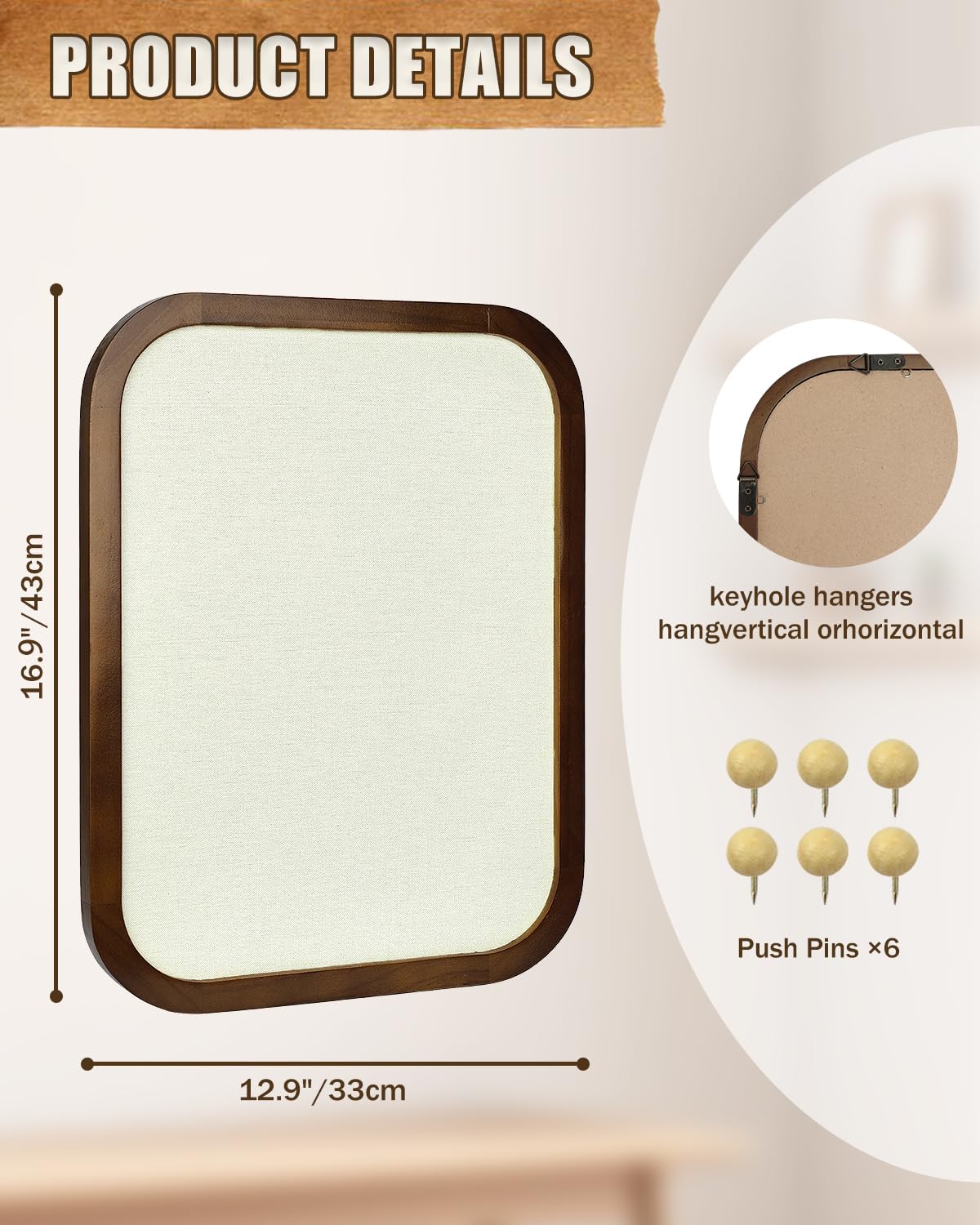Linen Bulletin Board, Pin Board for Walls, Fabric Bulletin Board, 13"x17"Small Pin Board for Home Kitchen Office Decorative, Brown Wood Frame Cork Board(BN-3343)