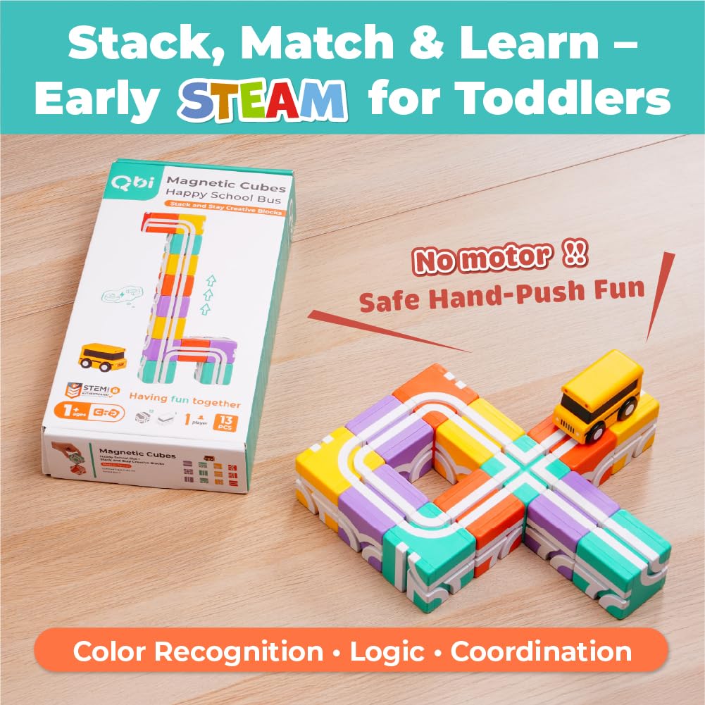 QBI Magnetic Blocks for Toddlers 1-3｜School Bus Toy Set with 12 Pastel Track Cubes｜STEM Montessori Educational Toys for 1 Year Old Boys & Girls｜Safe Large Building Bricks (13 Pieces Starter Pack)