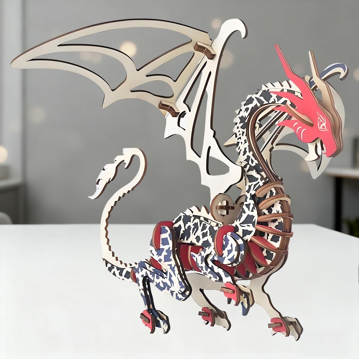 Bitopbi 3D Wooden Puzzles Laser Engraving DIY Safe Assembly Constructor Kit Toy for Teens and Adults World Animal Mechanical 3-D Models for Self-Assembly (Flying Dragon)