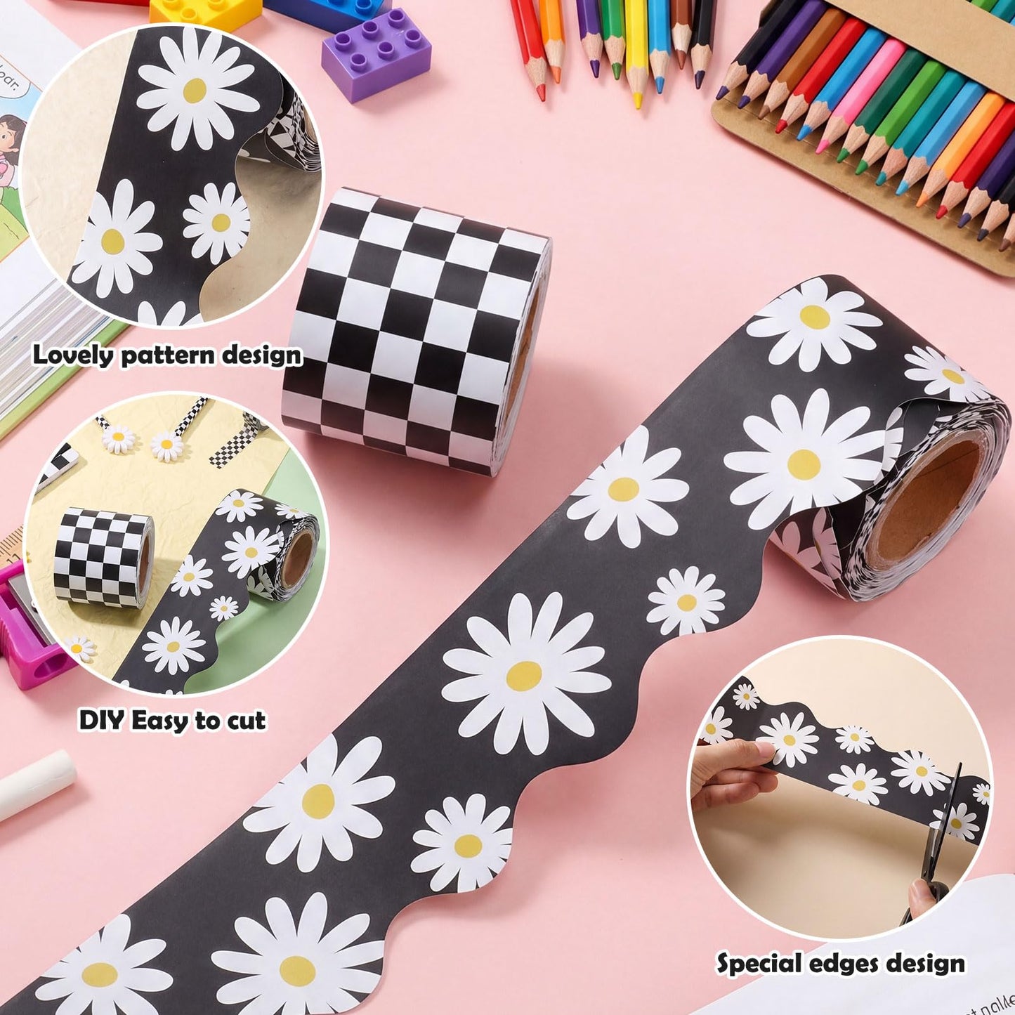 Trandraft 2 Rolls 65.6ft Daisy Checkered Bulletin Board Borders Decoration Black and White Checkerboard Board Borders Strips Summer Daisy Classroom Decor for Back to School Classroom Offices Party