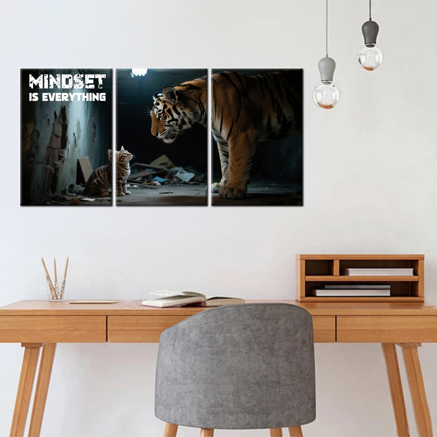 YSPCSUN Inspirational Canvas Wall Art Mindset Is Everything Motivational Office Decor Cat Thinking Like Tiger Success Pictures Framed Large Business Entrepreneur Wall Painting, 48x24 Inch