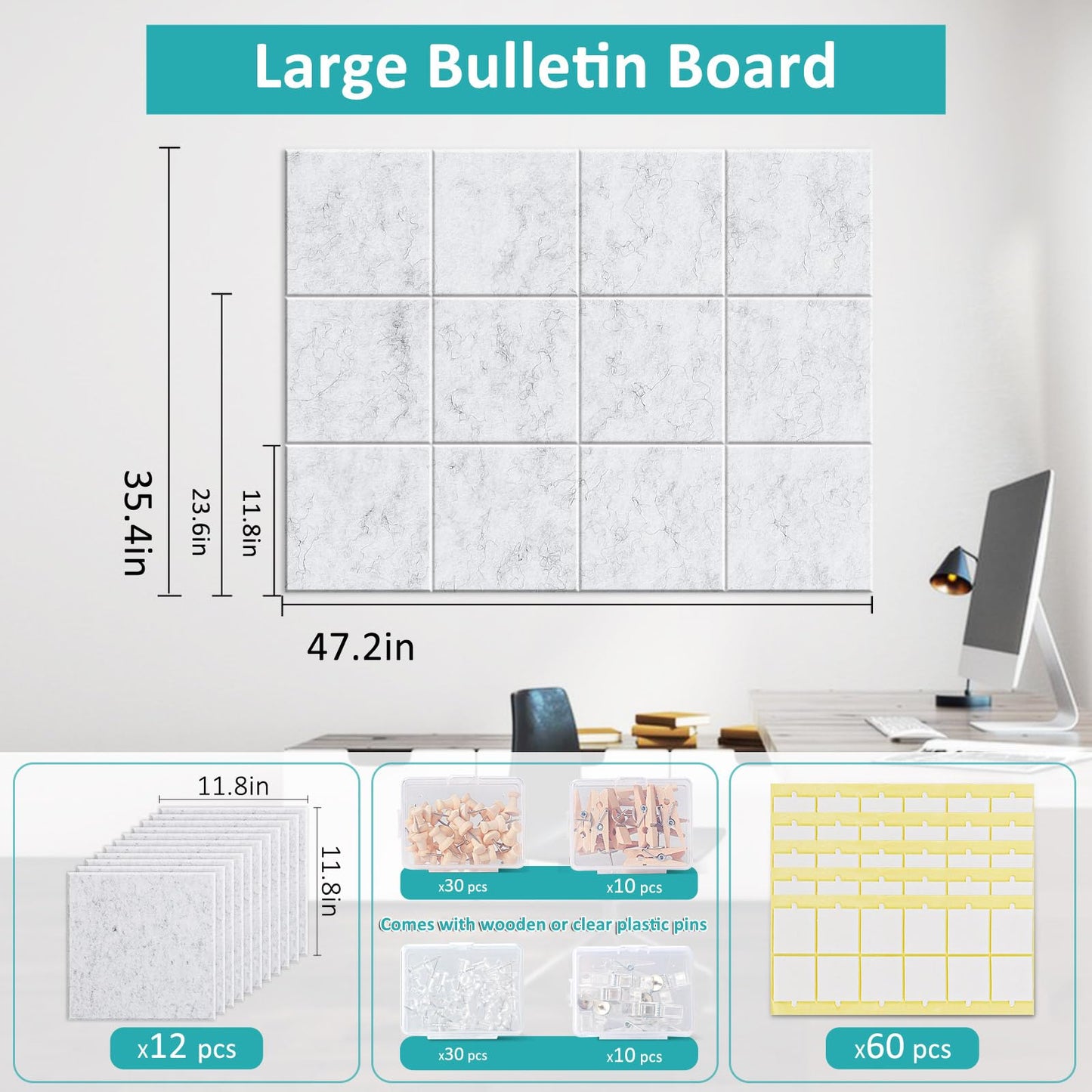 Bounmer Large Cork Board for Walls 48" x 36" - 12 Pack Felt Wall Tiles with Safe Removable Adhesive Tabs & 30 Pcs Pushpins - Bulletin Board for Office Home Decor (Marble)