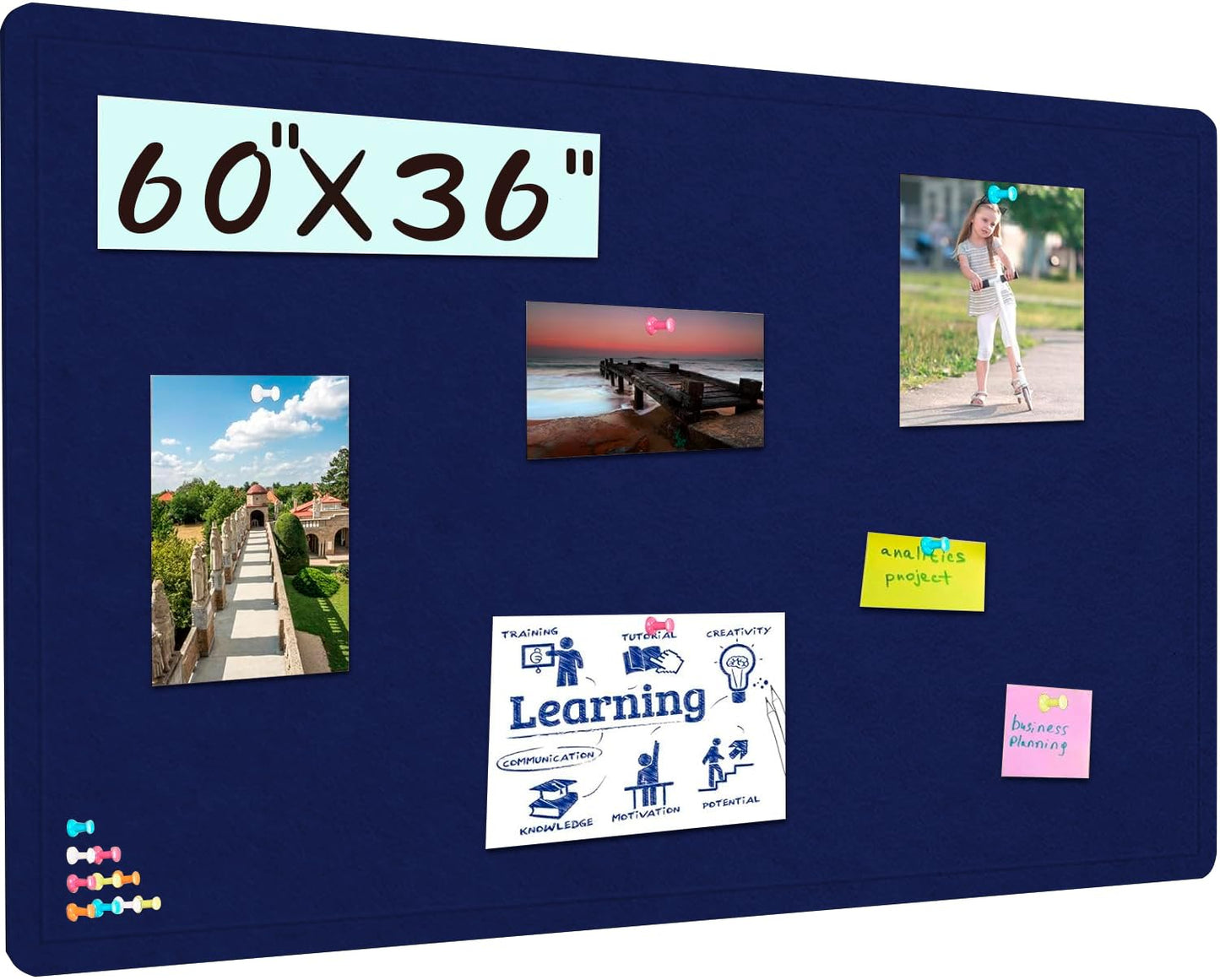 Large Bulletin Board, 60 X 36 inches Cork Board with 30 Pushpin, 5' x 3' Felt Cork Board Notice Pin Board, Self-Adhesive Vision Board Mood Board Foldable Photo Board for Wall - Dark Blue