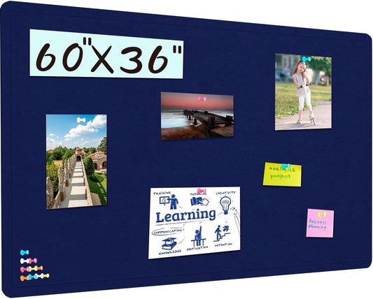 Large Bulletin Board, 60 X 36 inches Cork Board with 30 Pushpin, 5' x 3' Felt Cork Board Notice Pin Board, Self-Adhesive Vision Board Mood Board Foldable Photo Board for Wall - Dark Blue