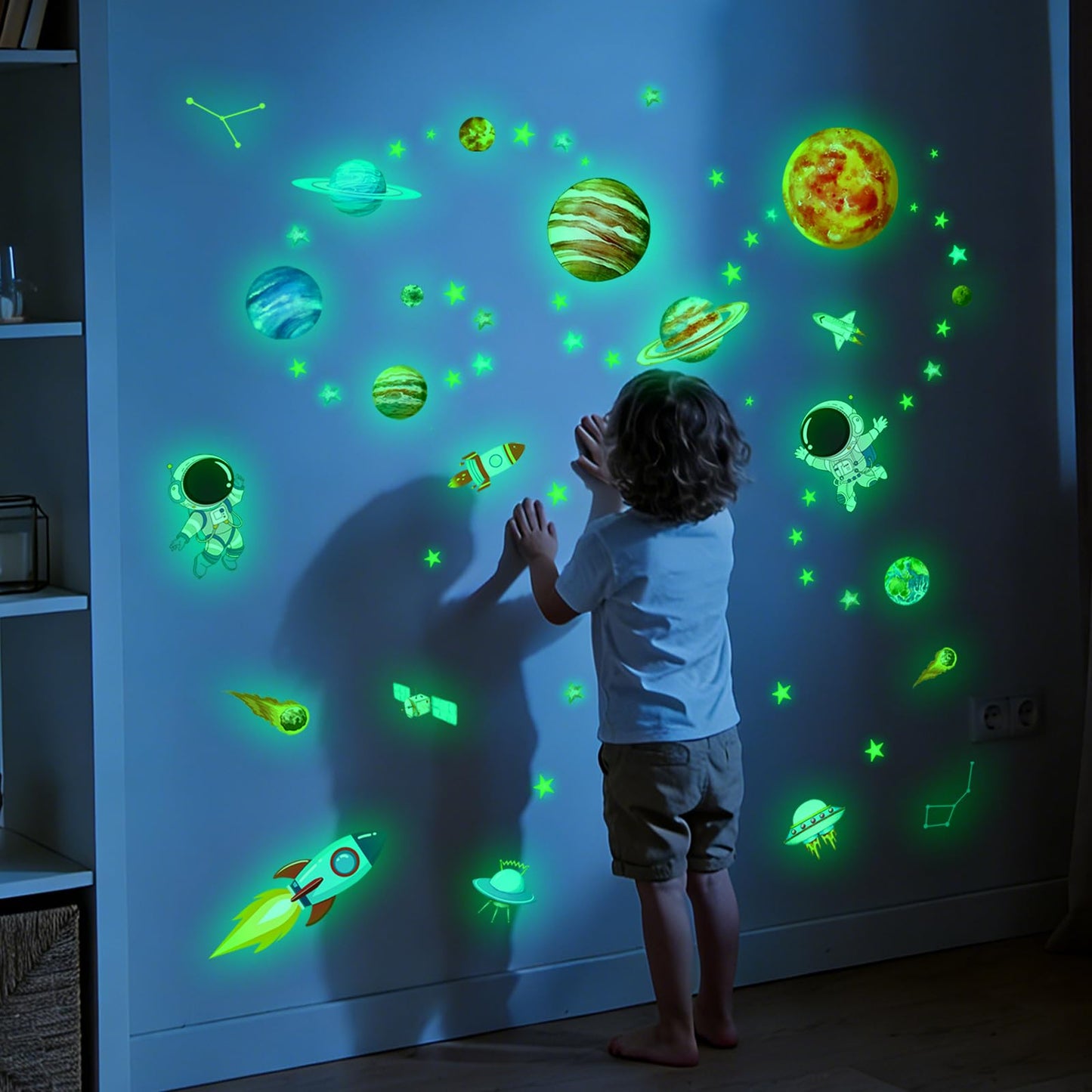 Glow in the Dark Space Astronaut Wall Stickers Luminous Planets with Stars Decals Self-Adhesive Peel and Stick for Kids Room Nursery