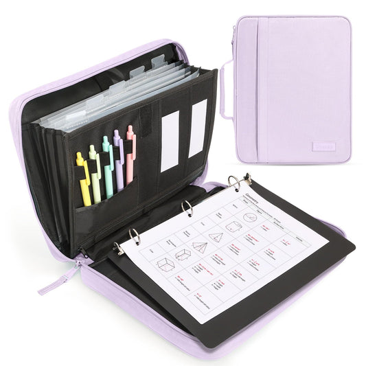 SUNEE Zipper Binder 1 Inch, Removable 3-ring binder, 175-Sheet Capacity, 5-Tab Dividers Expanding File Folder, Small Binder Bag Organizer Storage for Student School Classroom Supplies, Lavender Purple