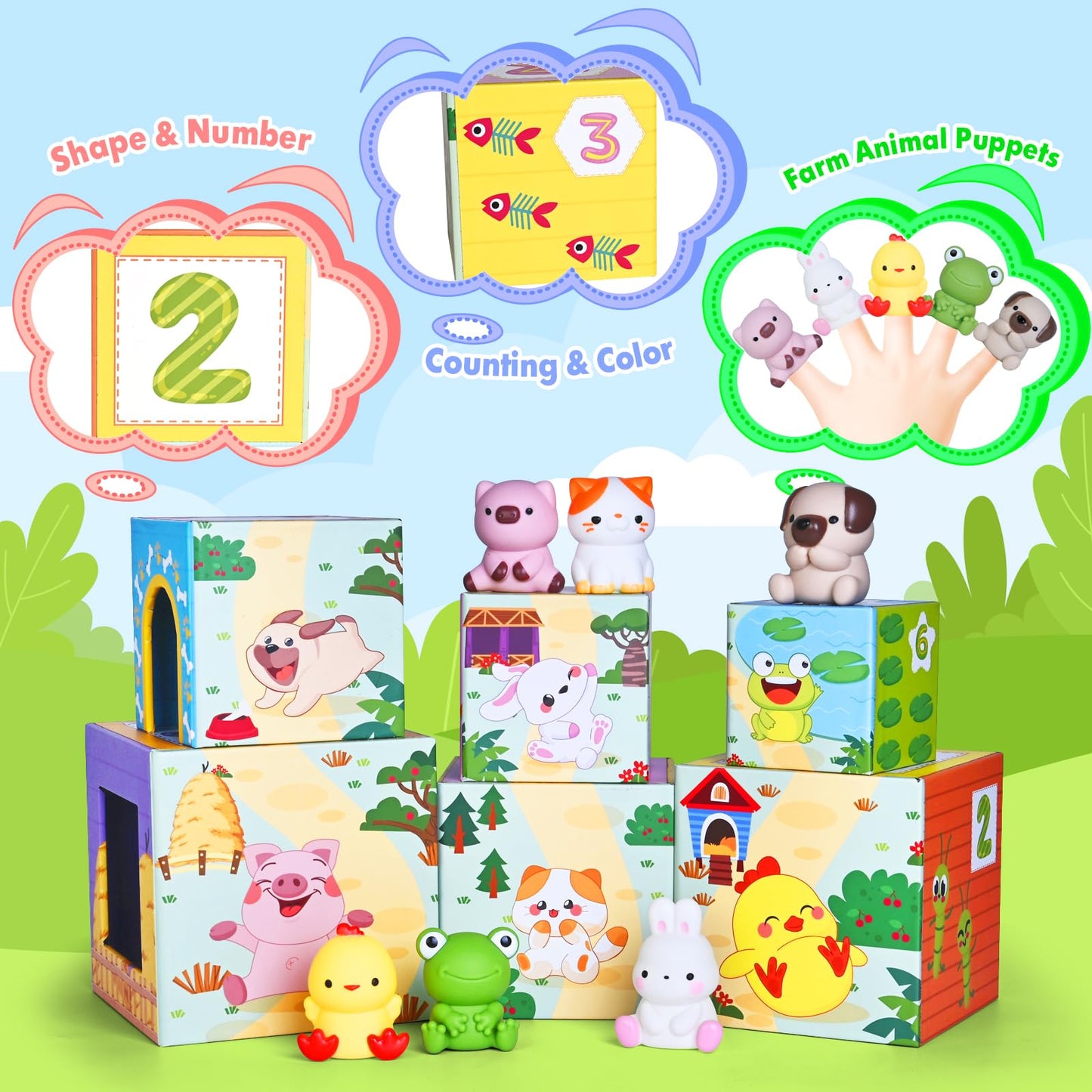 ShyLizard Toddler Farm Animal Sorting and Stacking Toys, Nesting Boxes and Blocks With Finger Puppets - Gifts for 1-3 Year Olds