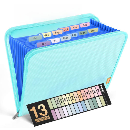 Sooez 13 Pocket Accordion File Organizer, Zipper Expanding File Folder Organizer, Reinforced Plastic Accordion Folder, A4 Letter Size, Portable Folders for Documents, SkyBlue