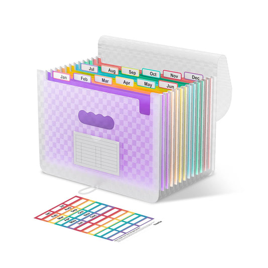 ThinkTex Accordion File Organizer, 12 - Pocket Expanding File Folders for Paper Receipts, Bills & Taxes Organizer, Letter/A4 Size Document Holder for School, Office, Home with tabs-Purple