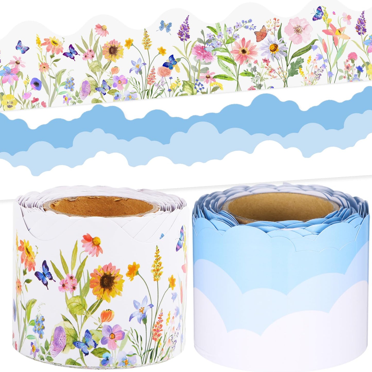 Trandraft 2 Rolls 65.6ft Blue Sky Wildflowers Bulletin Board Decorations Sky Wildflowers Bulletin Board Borders Strips Flowers Classroom Decor Back to School Trim Borders for Home Office