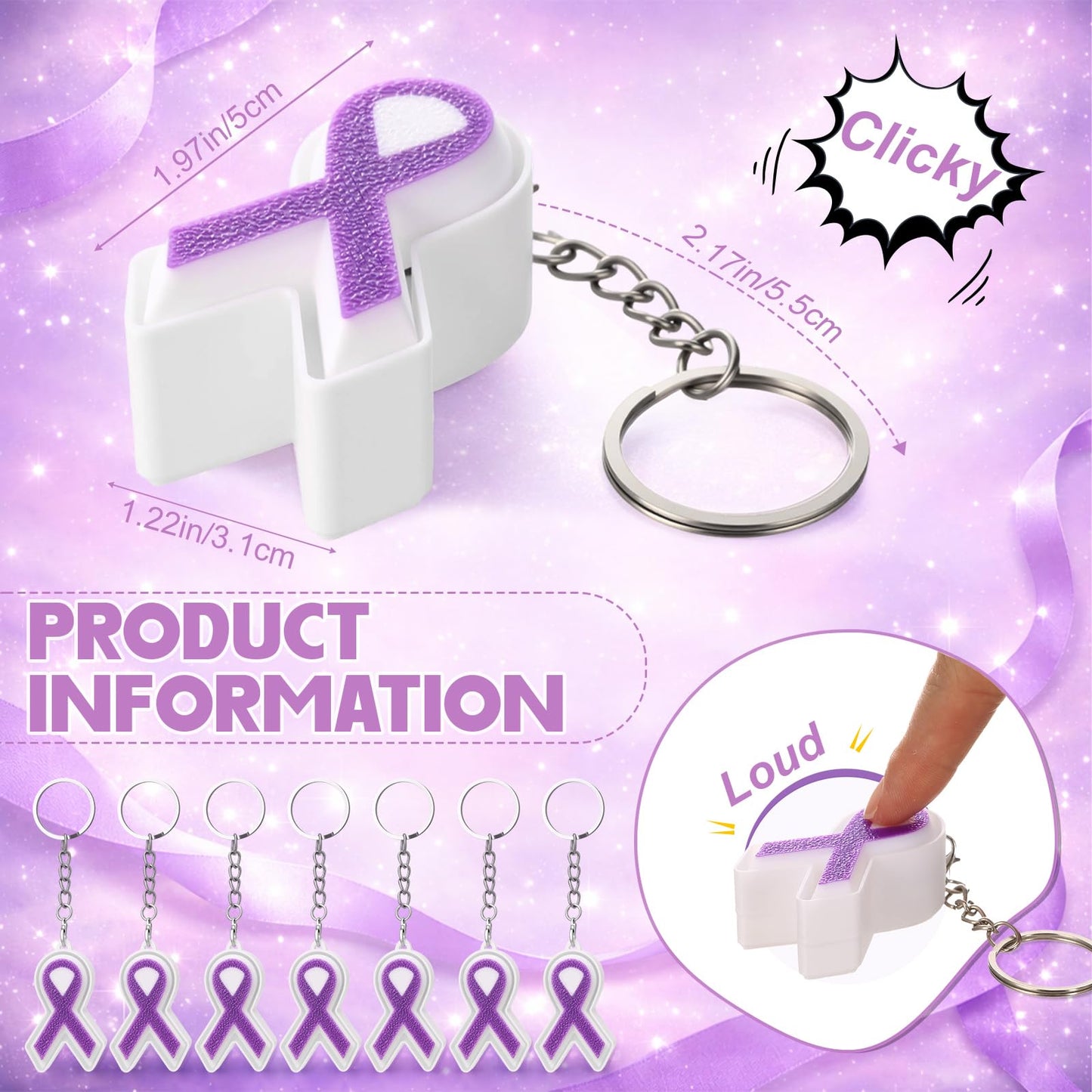 Kenning 12 Pcs Purple Ribbon Awareness 3D Sensory Clicker Fidget Keychains Bulk Support Gifts for Women Campaigns Lupus Fibromyalgia Domestic Violence Awareness Charity Fundraising Party Favors