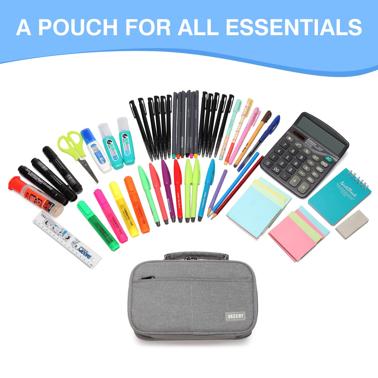 VASCHY Pencil Case, Large Pencil Pouch with Compartments for Middle School,Work,Office Pen Organizer Holder School Supply Gray